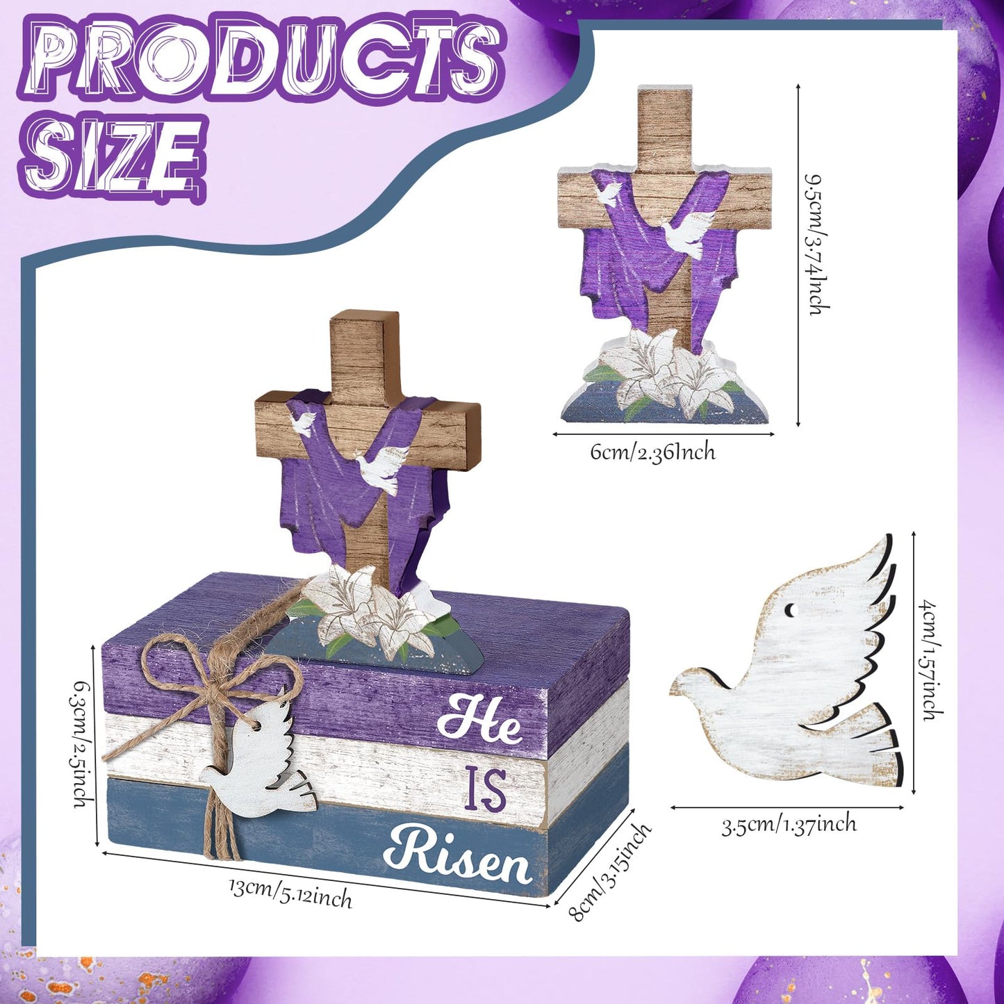 Ferraycle 4 Pcs Easter Decorations He is Risen Wooden Table Sign Religious Wood Centerpiece Easter Cross Blocks Farmhouse Tiered Tray Decor for Fireplace Home Kitchen Table Shelf Decor