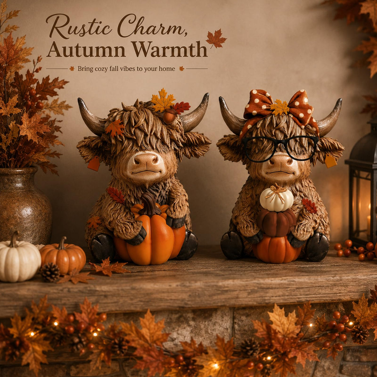 Karenhi 2 Pcs Fall Highland Cow Figurines Resin, Autumn Tabletop Decor
