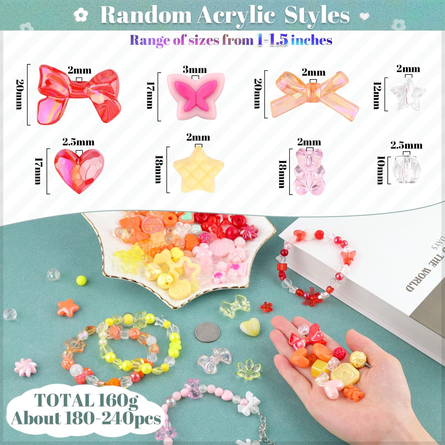 TINKRSTUFF Assorted 180-240PCS Acrylic Beads For Bracelet Making, Flower Bow Butterfly Candy Gummy Bear Kawaii Aesthetic Bracelet Charms,Cute Beads For Jewelry Making DIY Necklace Keychain Phone Charm