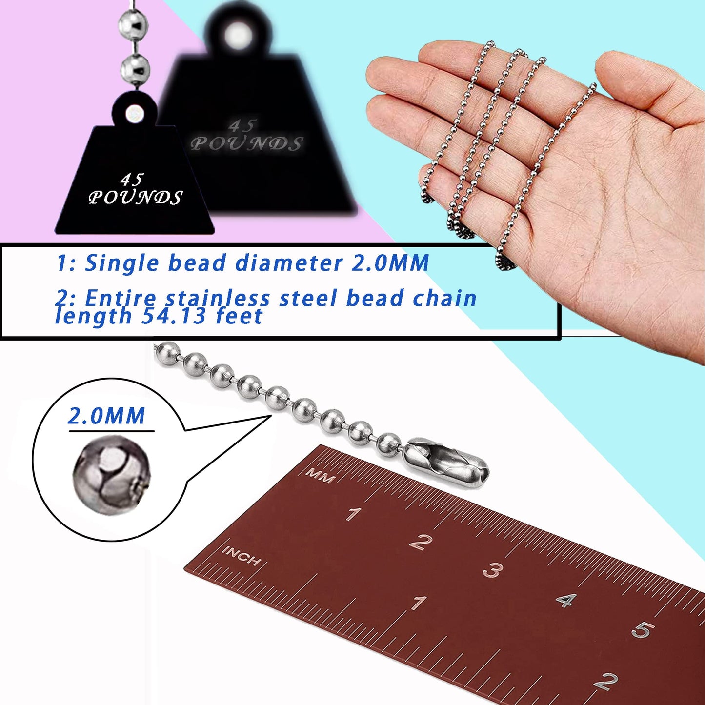 Stainless Steel Ball Chain, Necklace Chain Ball Bead, 55ft Bead Chain Ball Chain Bulk Bead Chain with 100 Pcs Matching Connectors Clasps for Necklace Hanging, Dog Tag, DIY Crafts, 2.0mm Diameter