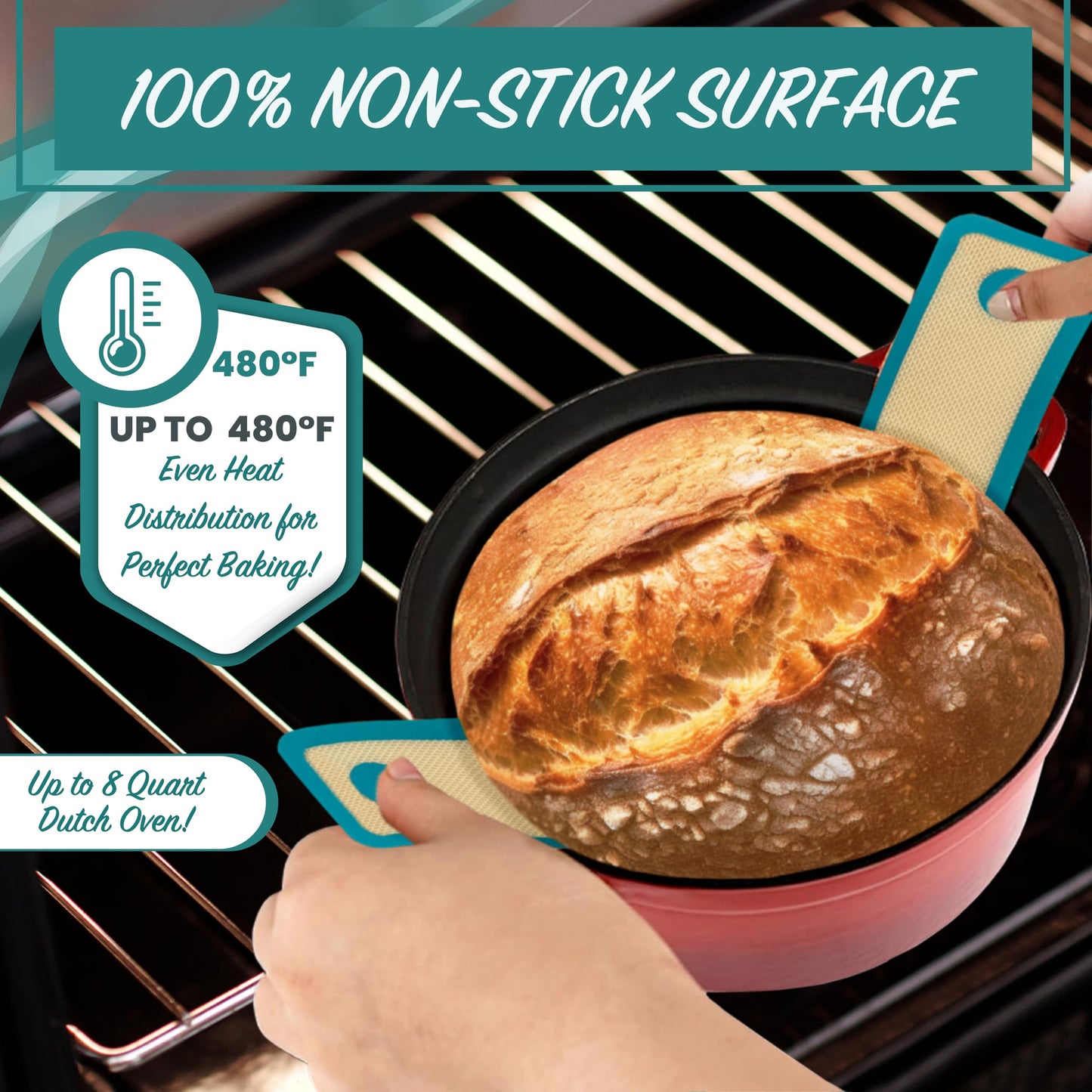 Santiago Design® | Silicone Bread Sling Dutch Oven 2PCS | Non-Stick & Easy Clean Reusable Silicone Bread Baking Mat | Bread Baking Sheet Liner for Transferable Dough | Extra Long Handles