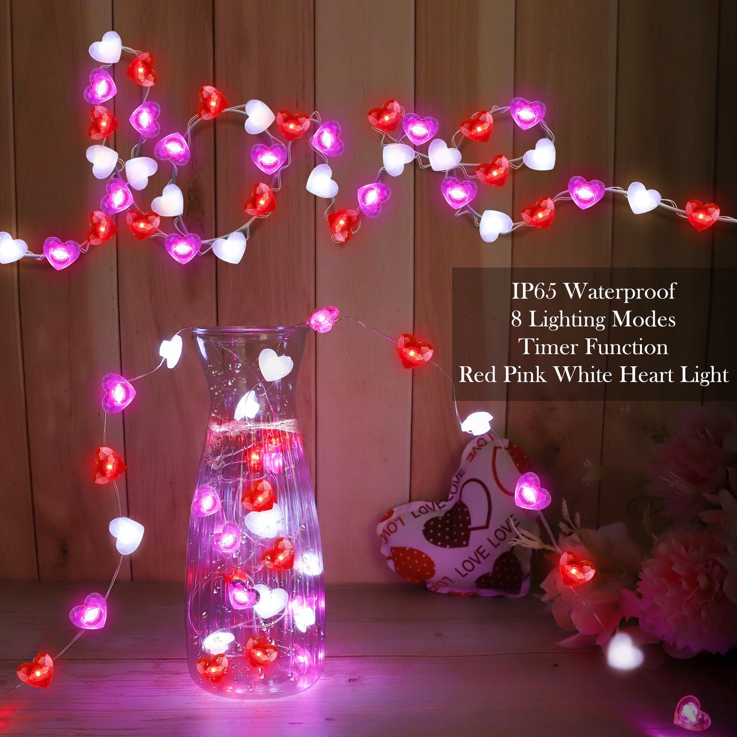 2 Pack Valentines Day Decor 20FT 60 LED Heart Twinkle Fairy Lights Battery Operated, 8 Modes Romantic Red Pink White Heart String Lights Valentines Decorations for Home Party Bedroom Wedding