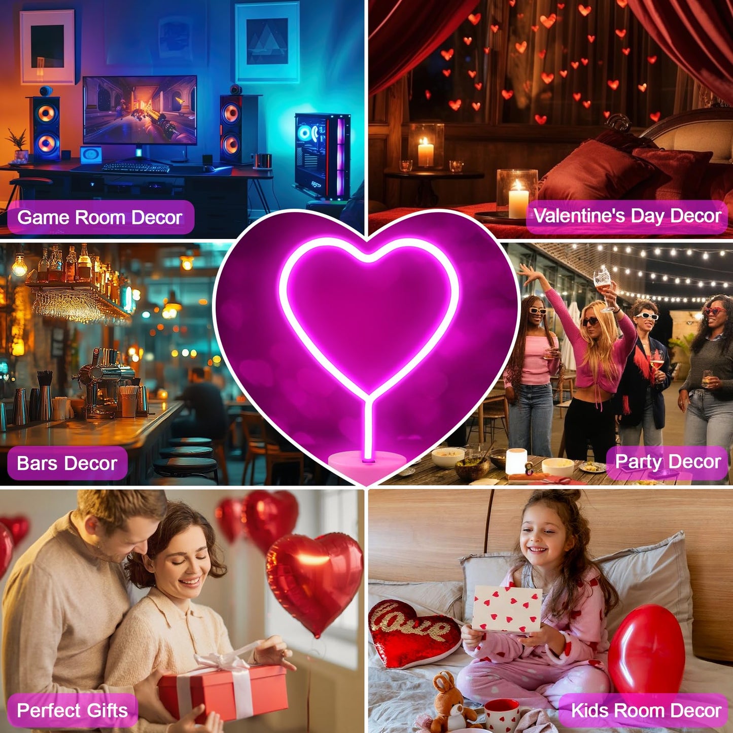 2 Pack Heart Neon Signs, LED Lights Battery Operated or USB Powered Decoration Lamp, Neon Lights Decor for Valentine's Day Gifts, Wedding, Party, Pink Room Decor (Pink Heart)