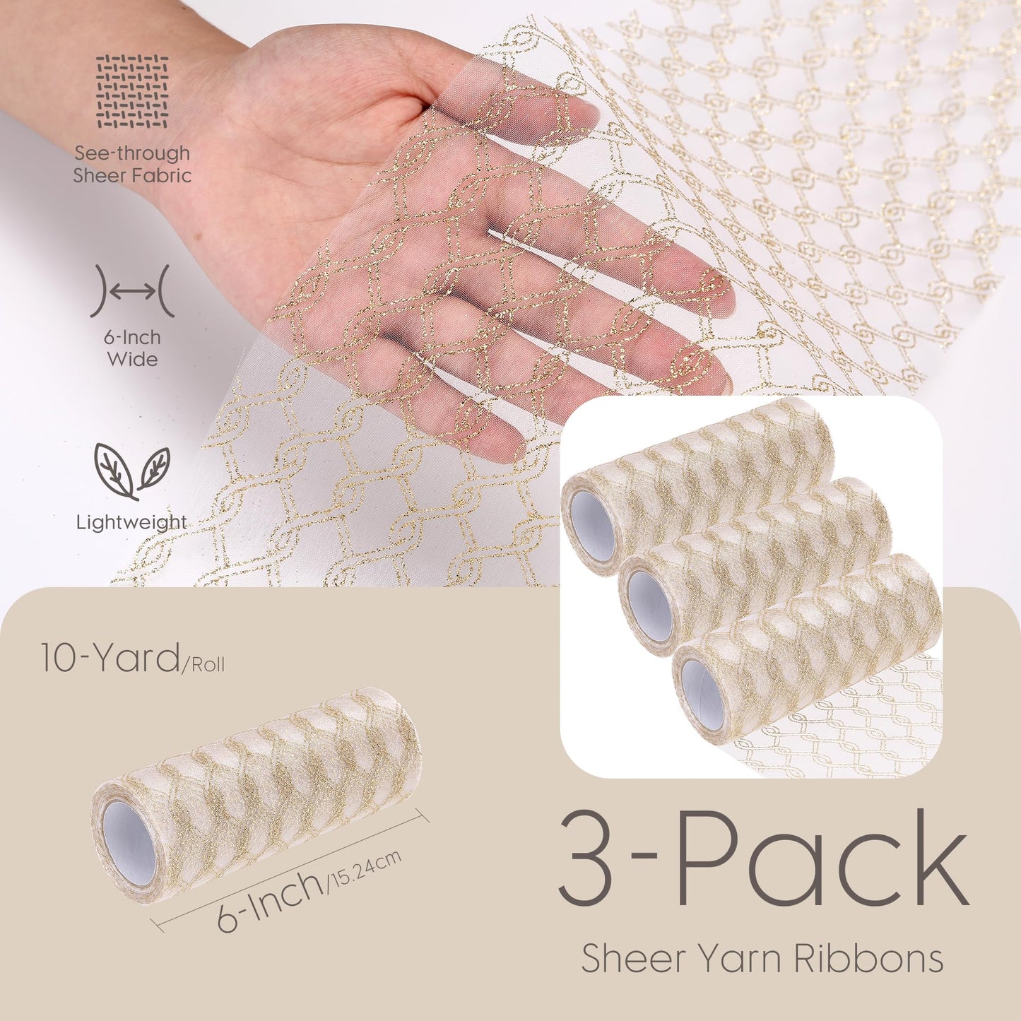 6-Inch-Wide Sheer Glitter Yarn Ribbon, Decorative Mesh Ribbon for Christmas Trees, Wreaths, Garlands, Art Crafts, Bouquets, Seasonal Decorations (3-Pack, 10-Yard/Pack, Champagne)