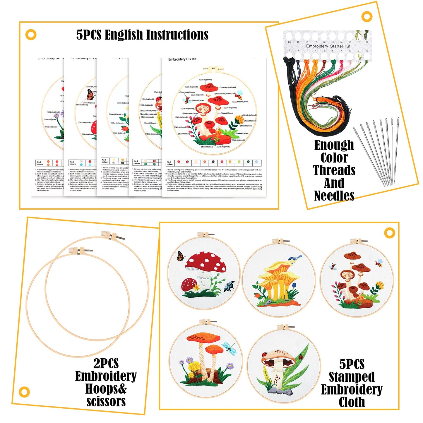 5 Sets Mushroom Embroidery Kit for Beginners with Pattern and Instructions Include Embroidery Cloth Hoops Threads for Craft Lover Hand Stitch DIY Adult Hand Needlepoint