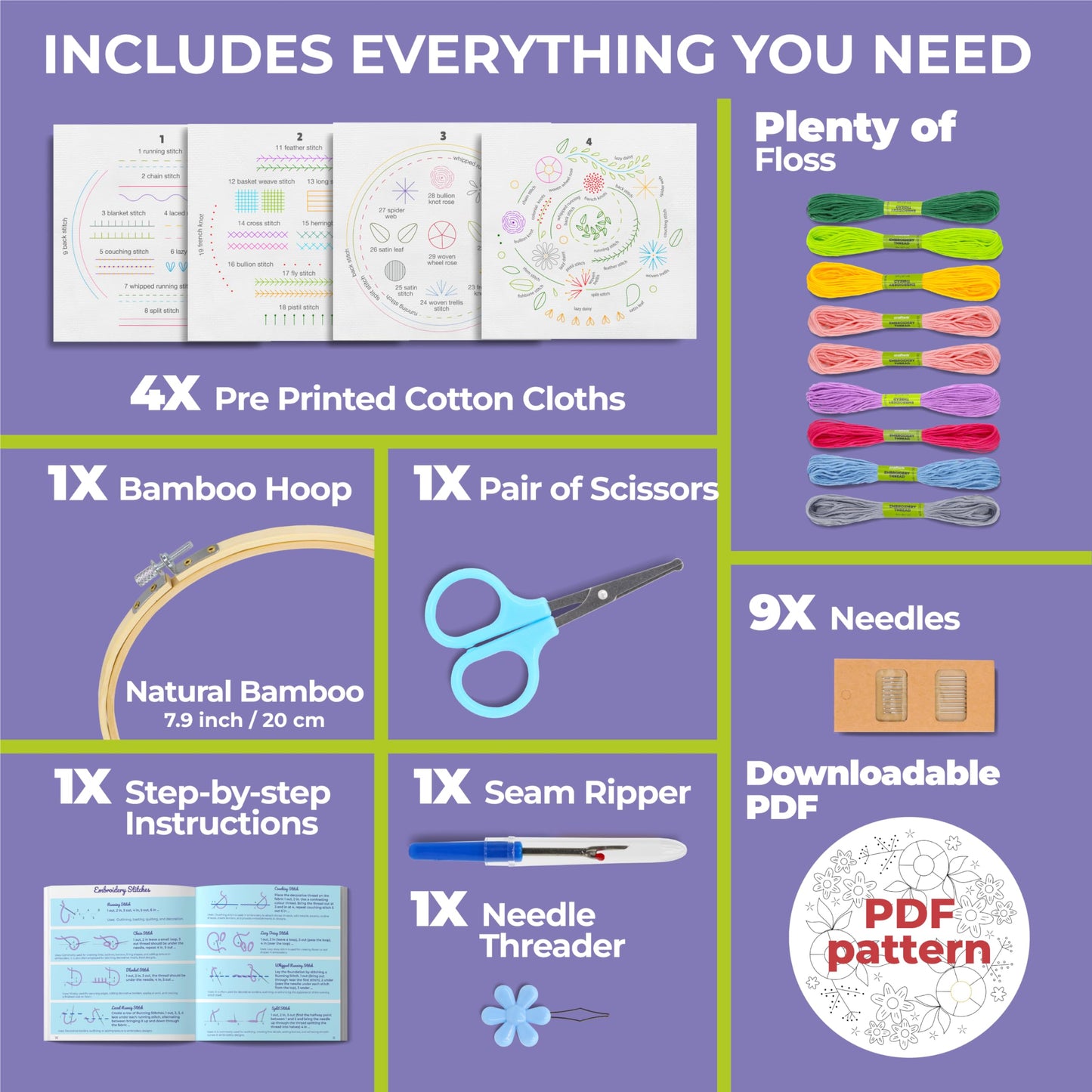 Craftwiz 4-Piece Starter Embroidery Kit for Beginners and Expert with Simple Patterns, Learn 29 Stitches with Hand Embroidery Kit