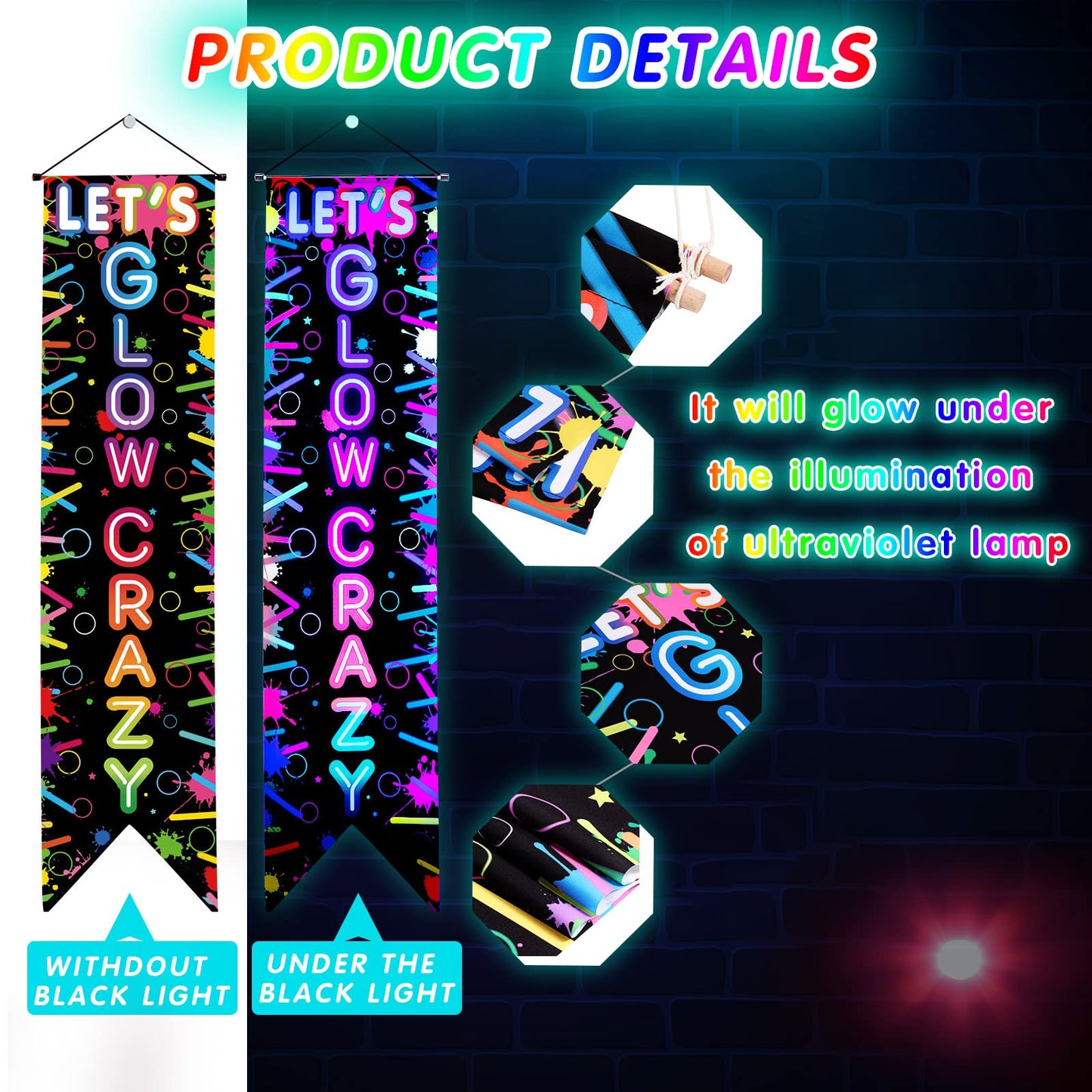 Tegeme Glow in the Dark Party Supplies Neon Happy Birthday Banner Crazy Porch Sign Glow Party Backdrop for Black Light Neon Themed Birthday Party Decorations