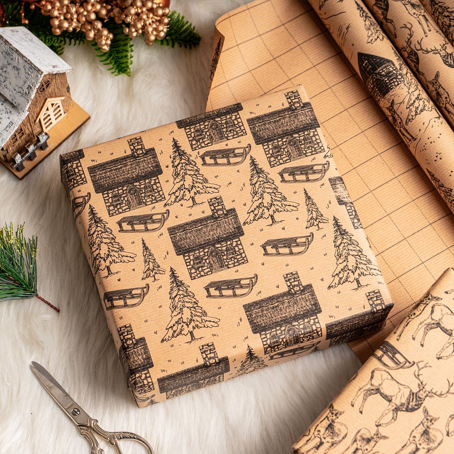 Christmas Wrapping Paper - Black Sketch Design - 4 Rolls - 30 Inches x 10 Feet Per Roll