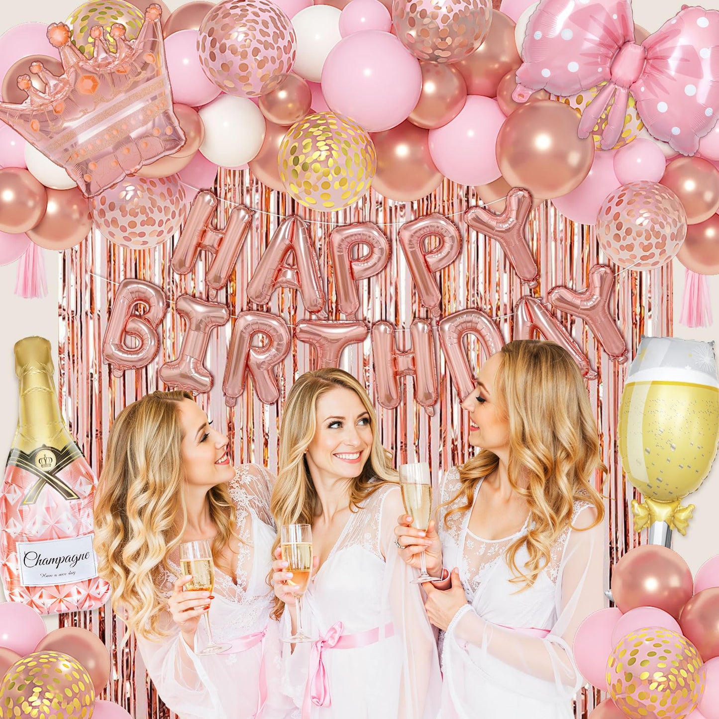 Ouddy Life Rose Gold Birthday Decorations for Women Girls, Happy Birthday Champagne Bottle Crown Heart Bow Foil Confetti Balloons Fringe Curtains Paper Tassel for 16th 18th 21st 24th Birthday Decor