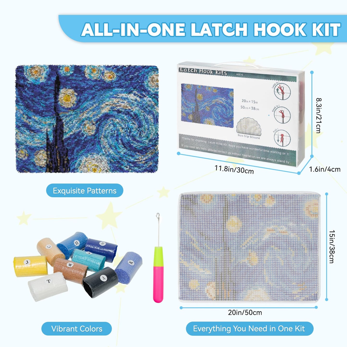 Latch Hook Rug Kit DIY Crochet Carpet for Beginners, Starry Sky Patterns Pre-Printed Canvas Yarn Rug Hooking Kits, Creative Craft Home Decor Ideal for Learning Rug Making