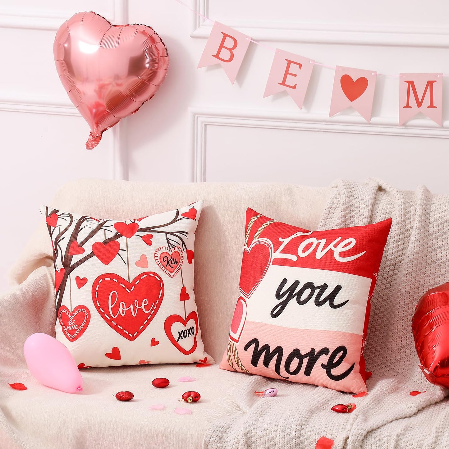 Valentine Decorations Set of 4 Double-Sided Valentine's Day Throw Pillow Covers 18" x 18", Reversible 8 Designs, with 16 pcs Heart & Love Balloons, Stickers, Complete Valentines Decor Kit