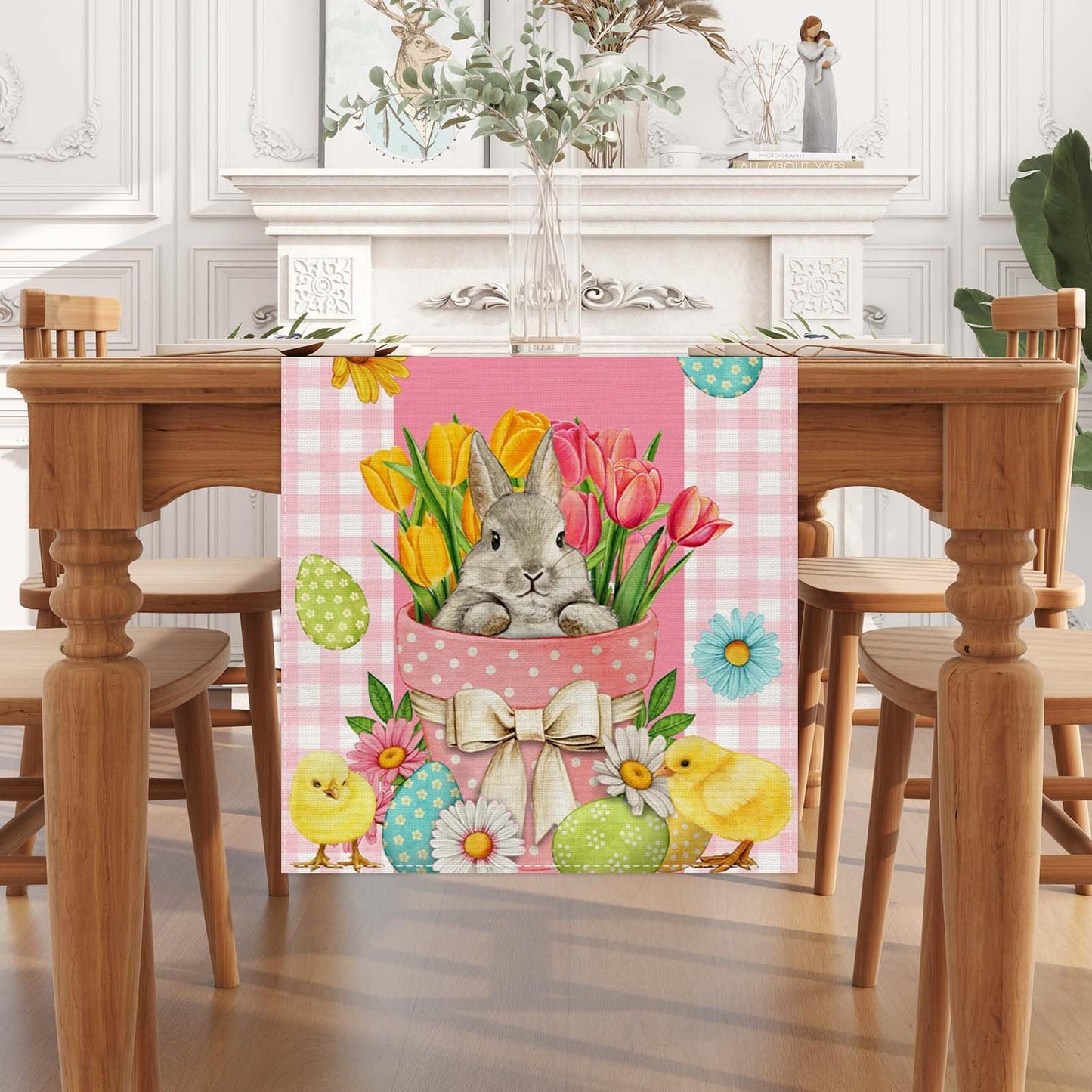 Linen Pink and White Buffalo Check Plaid Easter Table Runner 72 Inches Long Easter Egg Bunny Chick Daisy Tulip Floral Table Decor Spring Summer Easter Home Kitchen Dining Room Table Decorations
