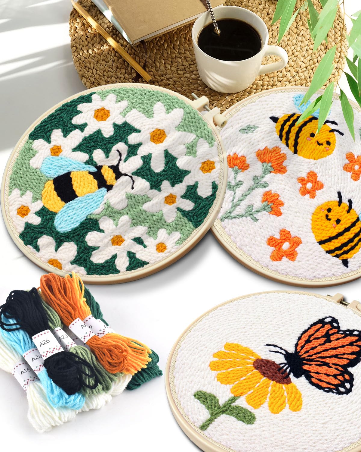 3 Sets Punch Needle Kits, Flowers Punch Embroidery Kits for Adults Beginner, Tool with Punch Needle Fabric, Hoops, Yarns and Sewing Needles