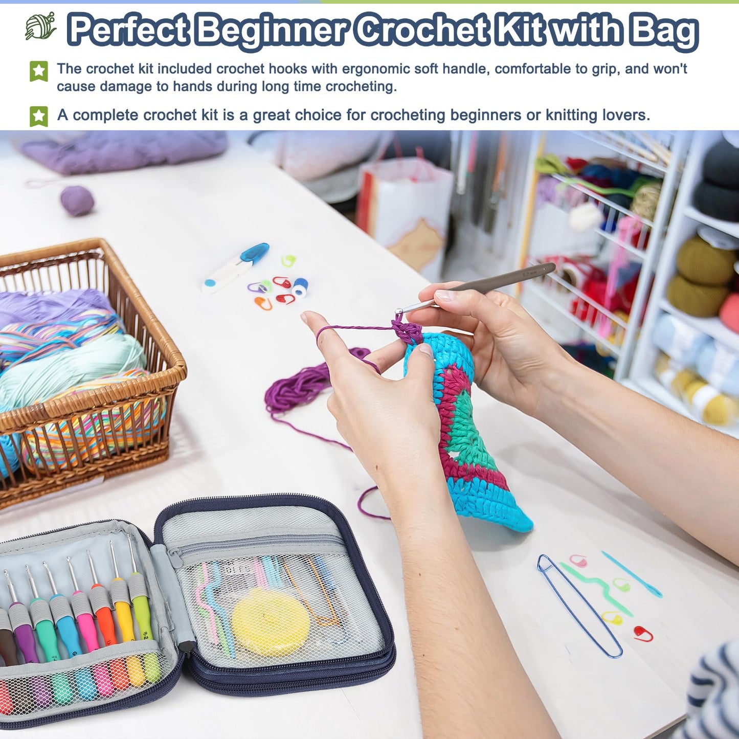 99-Piece Crochet Hooks Set, Crochet Hook Kit with Storage Case, Ergonomic Knitting Needles Weave Yarn Kits DIY Hand Knitting Craft Art Tools for Knitting Hat, Bag, Socks, Scarf and Sweaters