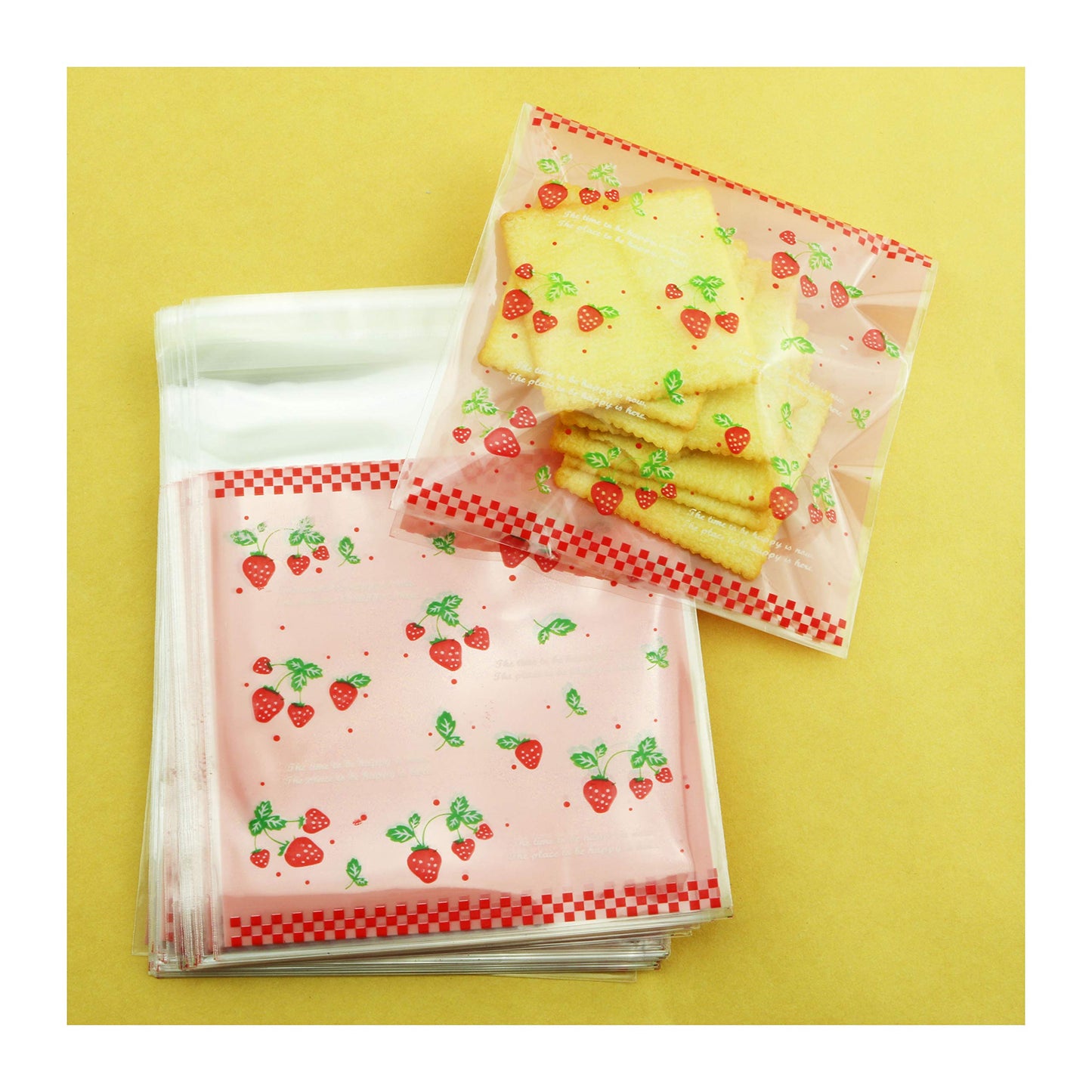 Tegg Cookies Bags 200PCS Self Adhesive Lovely Strawberry Plastic Cookies Pastries Candy Lolly Gift Bag For Birthday Party Wedding Party Halloween Christmas Day 3.9x3.9Inch