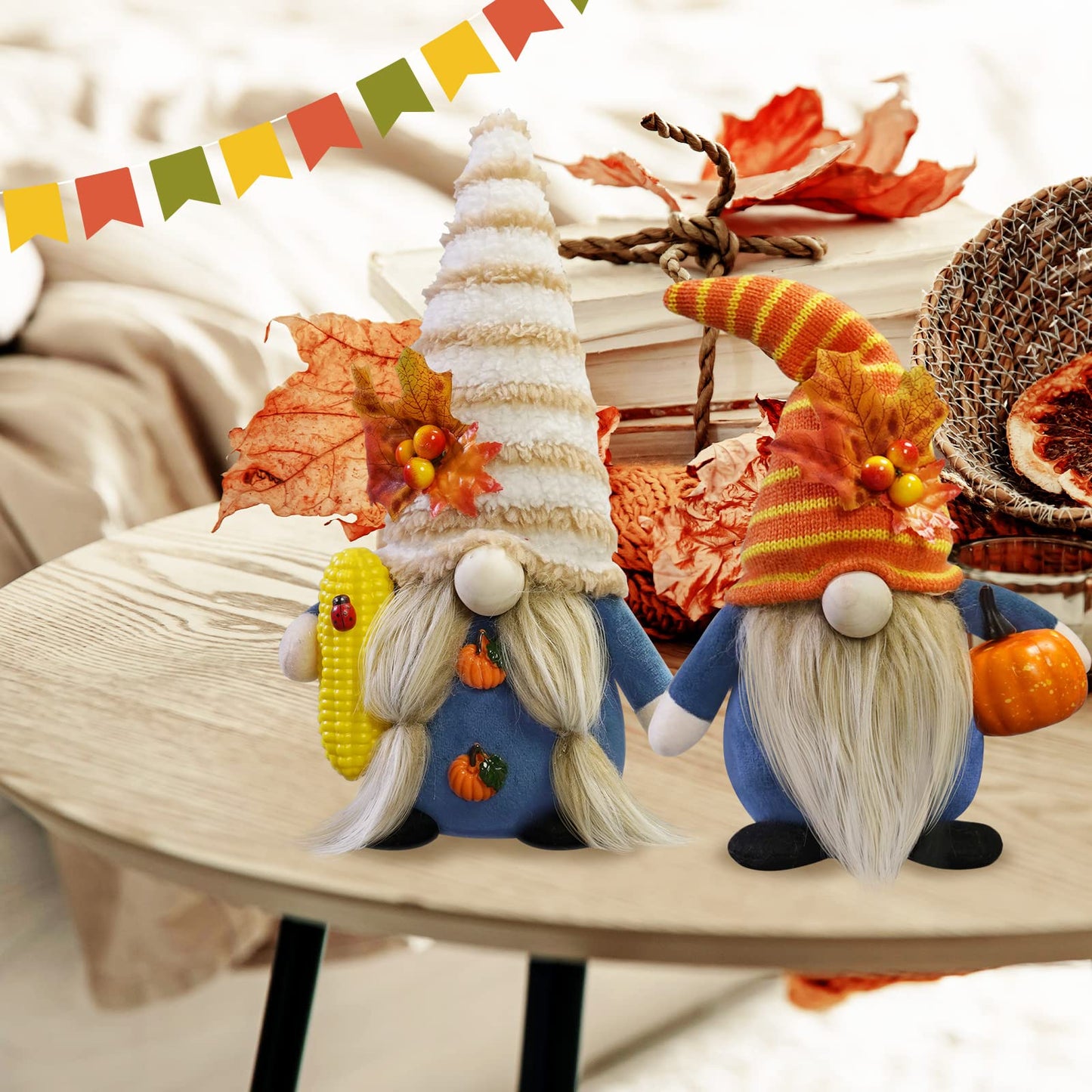 Thanksgiving Gnome Decorations for Home, 2Pack Handmade Thanksgiving Gnome Plush Decor Swedish Gnomes Ornaments with Pumpkin Corn Maple Leaves Fall Gifts Autumn Holiday Home Kitchen Decorations
