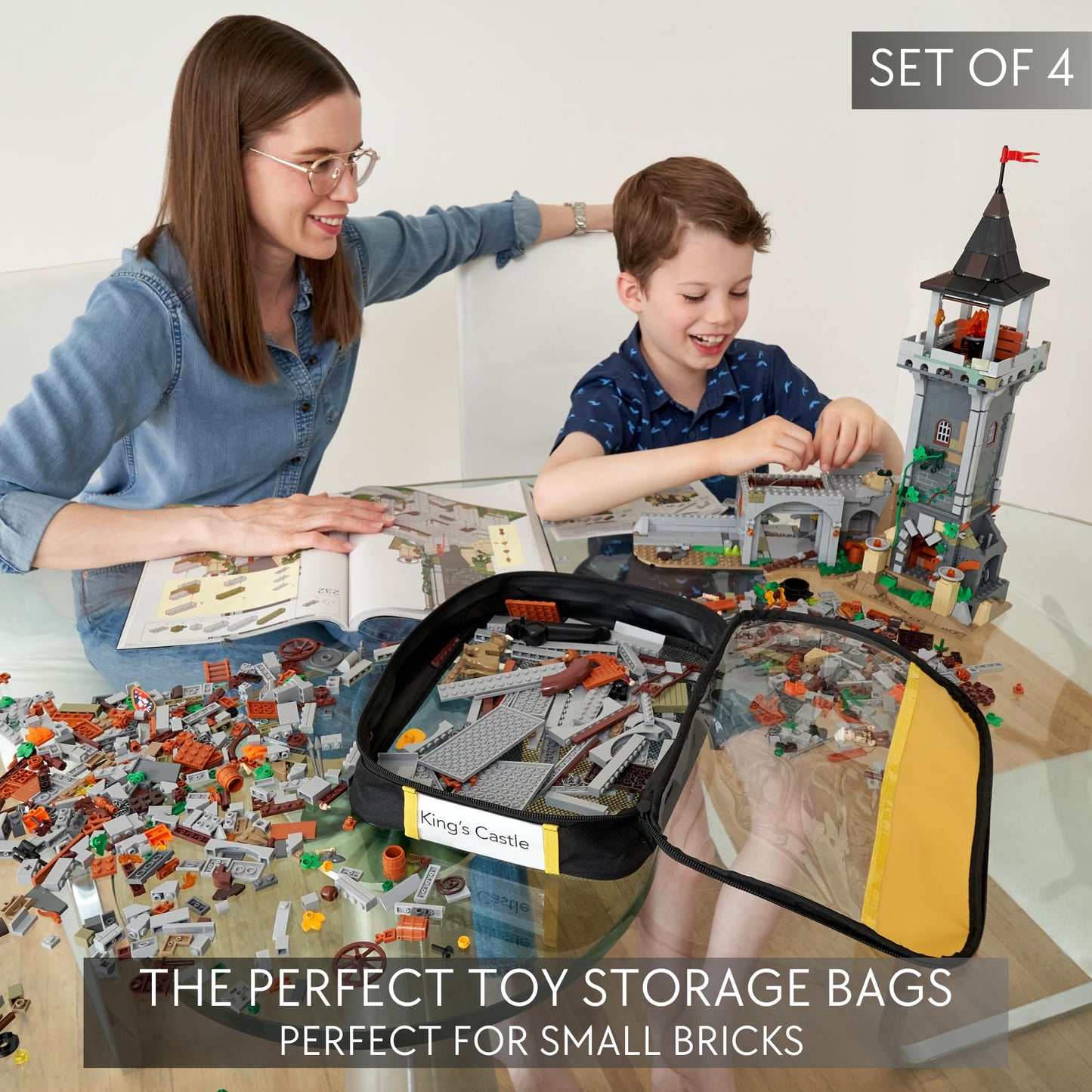 Premium Toy Storage Bags Compatible with LEGO Bricks - Set of 4 Bags With Labels, Handles & Pockets For Easy Organizing - Quality Bliss Bins for Keeping Puzzles & Board Games Stored with Ease