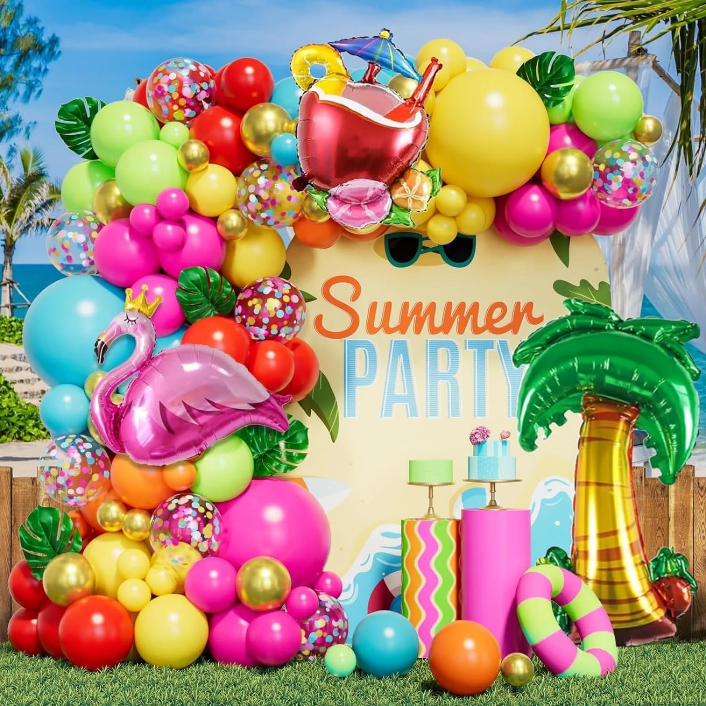Tropical Hawaiian Balloons Set, 65Pcs 12In Summer Party Balloons with Hot Pink Green Orange Yellow Teal Blue for Hawaiian Summer Birthday Party Decorations