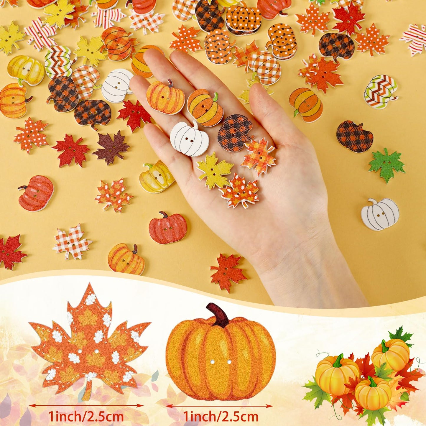 JUNEBRUSHS Fall Wooden Buttons, 260pcs Autumn Leaves Pumpkin Shaped Thanksgiving Wooden Sewing Buttons for Fall Thanksgiving Party DIY Crafts Decoration Sewing Clothes Accessories