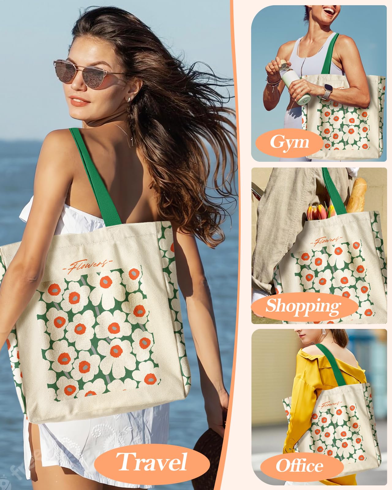Miss Adola Aesthetic Heavy Canvas Tote Bag - with Pocket for Women Large Cloth Cotton Tote Bag for Shopping, Gym, Work, Travel, Beach, Vacation, Green White Flower