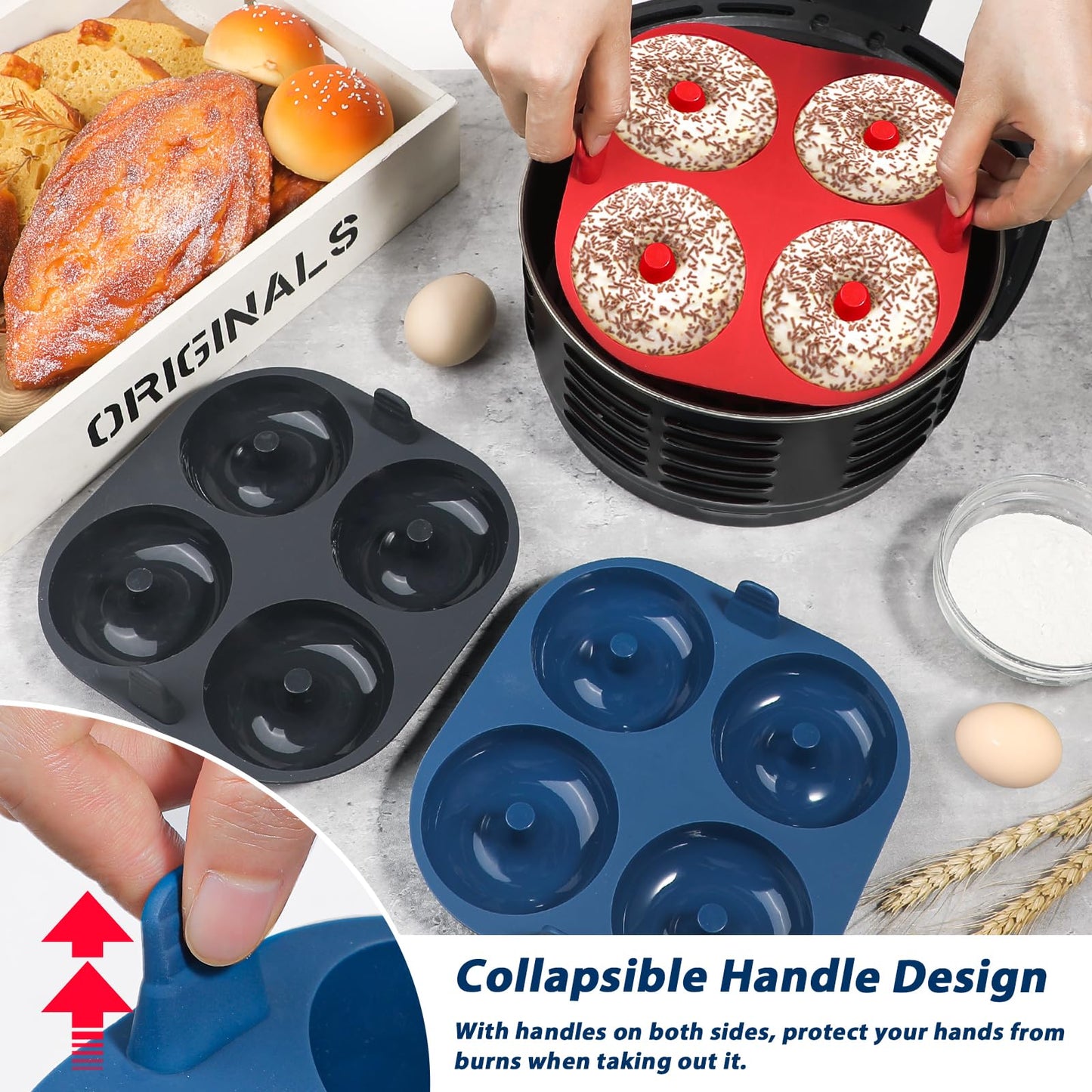 Webake Silicone Air Fryer Donut Pan for Baking, 4-Cavity Donut Pans Nonstick Donut Mold, BPA-Free, Dishwasher Safe, Set of 3