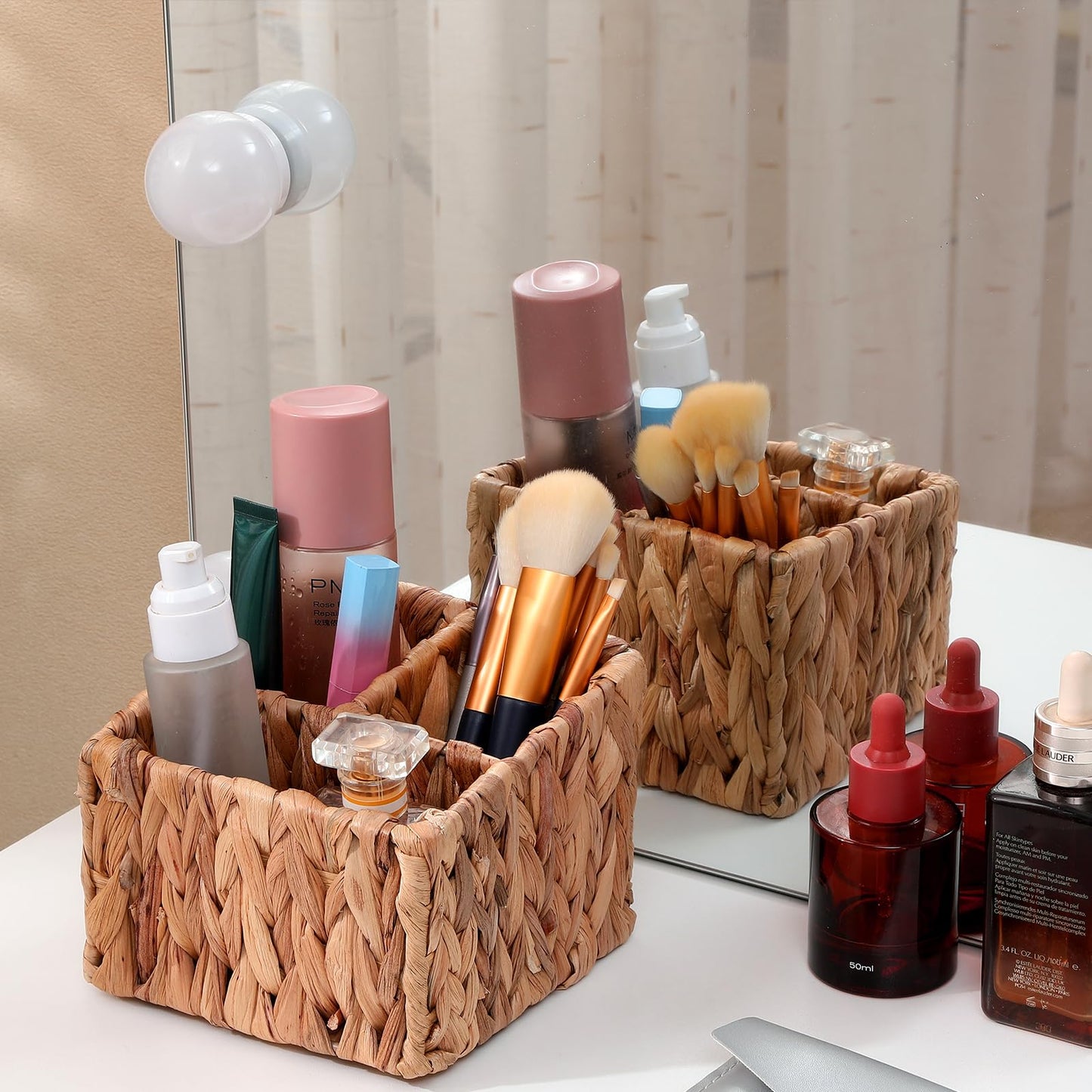 Remote Control Holder Wicker Desk Organizer Divided Storage Basket,Hand Woven Cosmetic Storage Box with 3 Compartments,Water Hyacinth Remote Control Basket for Desktop Organizing