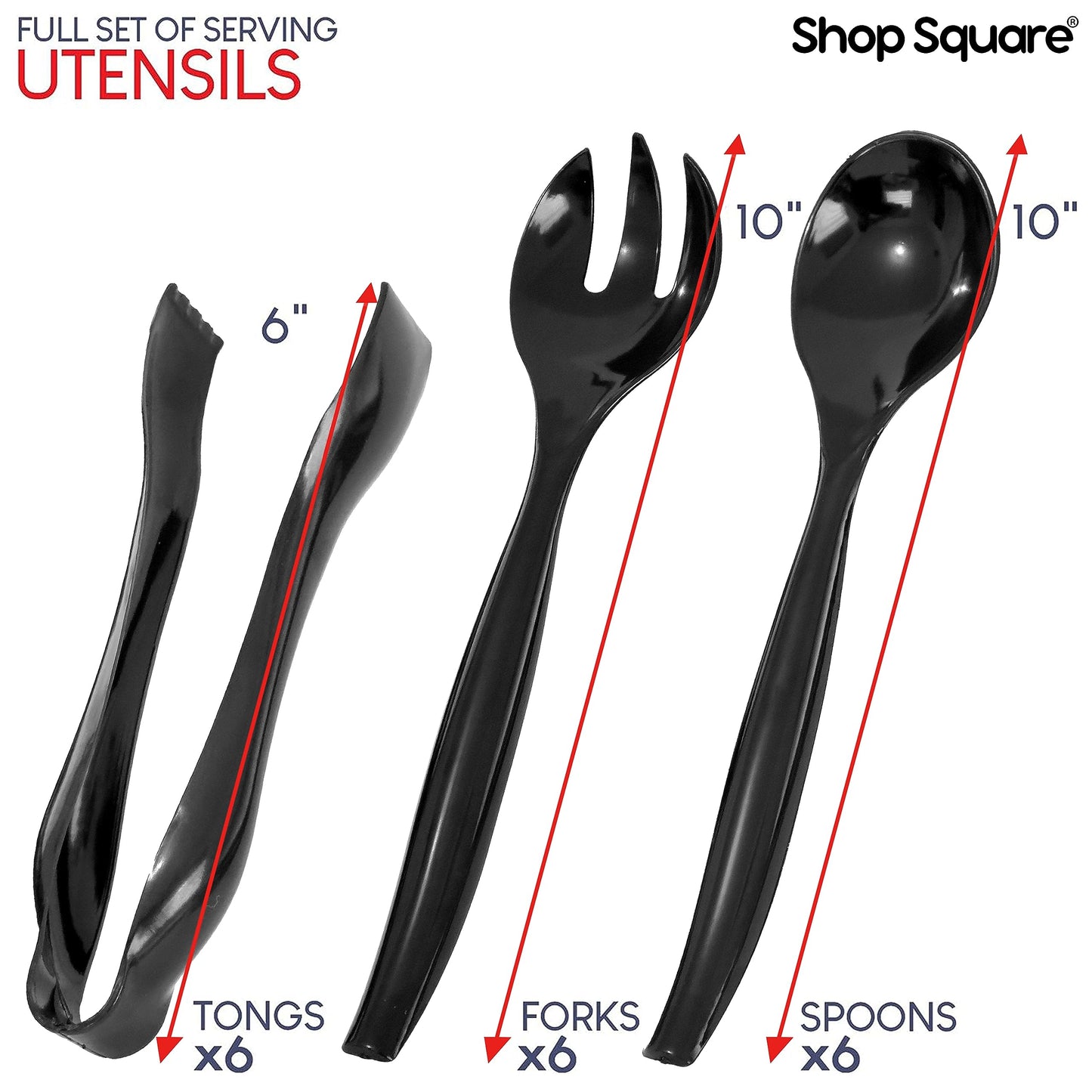 Disposable Plastic Serving Utensils - Set of 18 Black Plastic Utensils, 6 Each 6" Serving Tongs, 10” Serving Spoons, 10” Serving Forks, Buffet Serving Utensils, Party Utensils