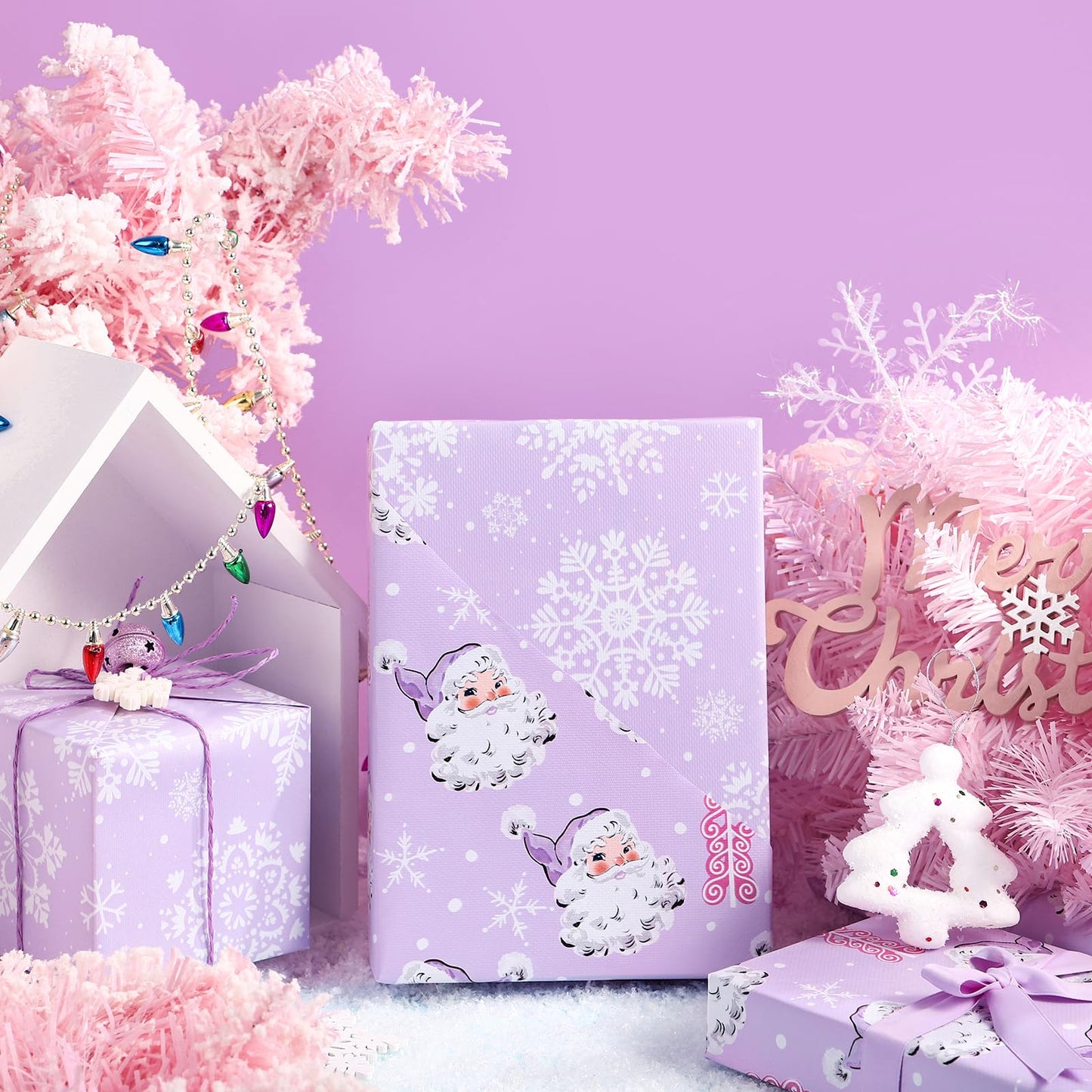 WRAPAHOLIC 30 Inch Jumbo Reversible Christmas Wrapping Paper - 30 Inch x 33 Feet - Purple Santa Claus and Snowflake with Embossed for Christmas, Holiday, Party Celebration