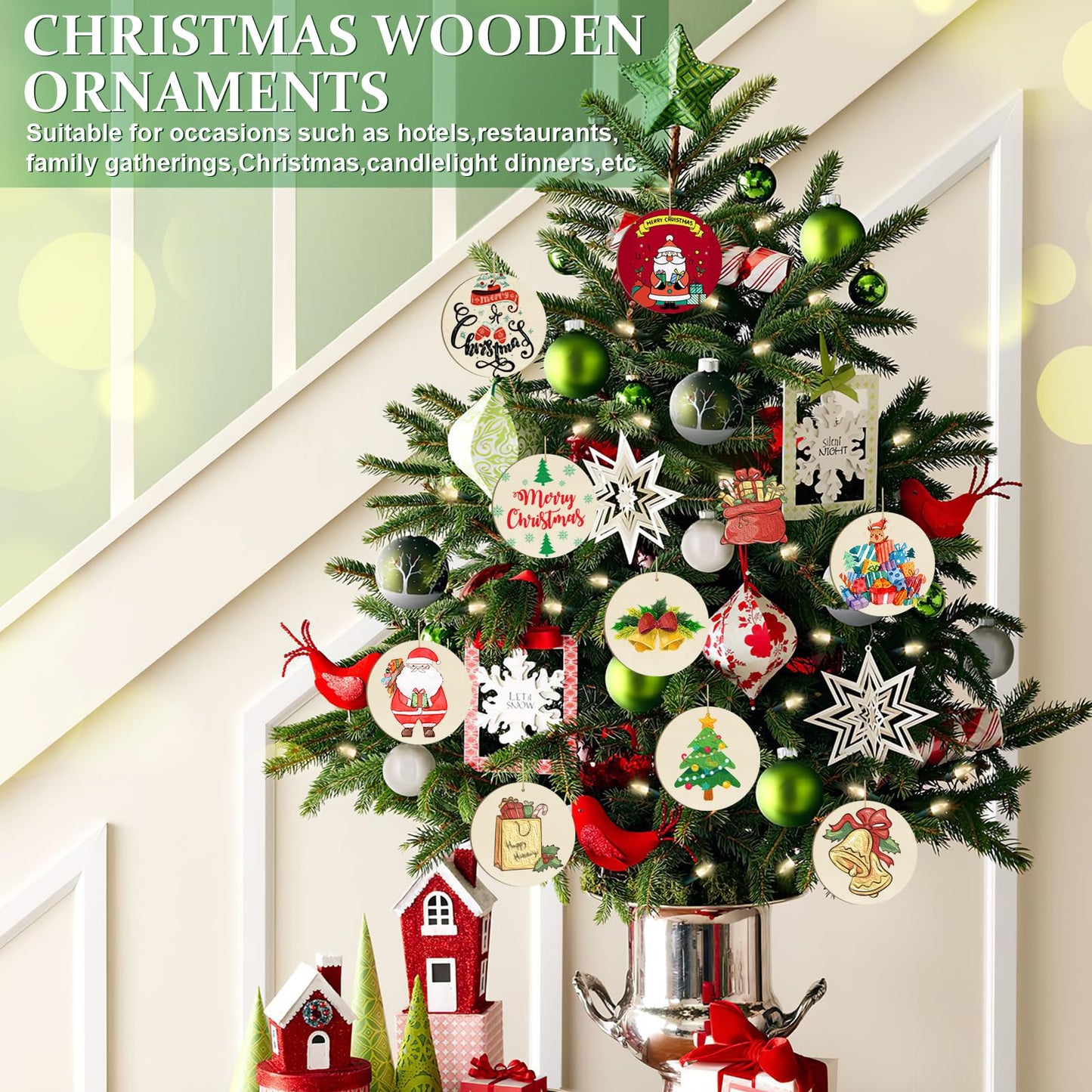 Wooden Christmas Ornaments to Paint Christmas Round Decoration Cutouts Unfinished 24PCS 3.5 x 3 inches, DIY Blank Unfinished Christmas Tree Wood Discs Ornament for Home Crafts Hanging