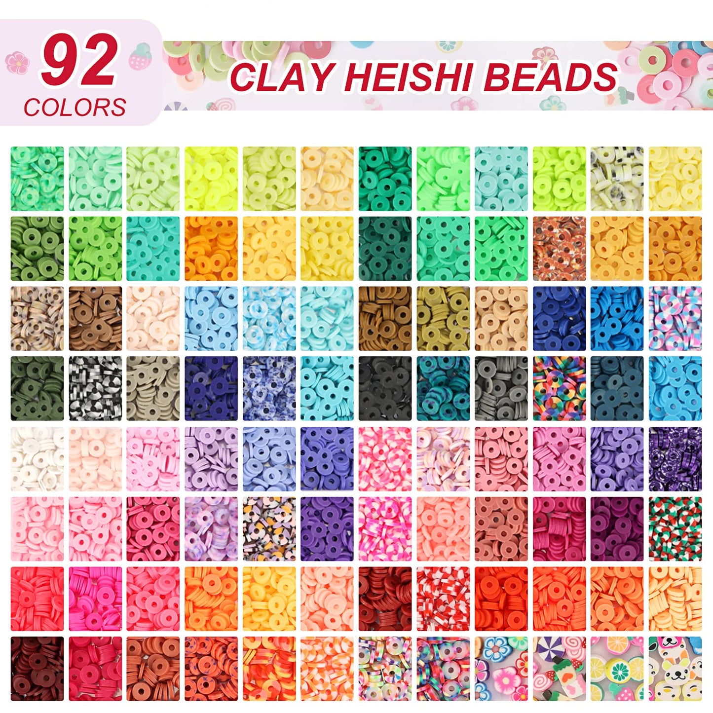 QUEFE 9870pcs, Clay Beads for Bracelet Making Kit, 92 Colors Flat Heishi Beads for DIY Crafts Necklace Jewelry Making Gifts