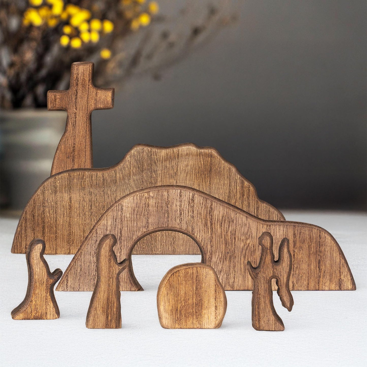 Empty Tomb Easter Scene and Cross Decoration, Wooden Easter Resurrection Scene Cross Jesus Tomb Tray Set, Jesus Nativity Scene Decor for Religious Home Office Tabletop Christian Gifts