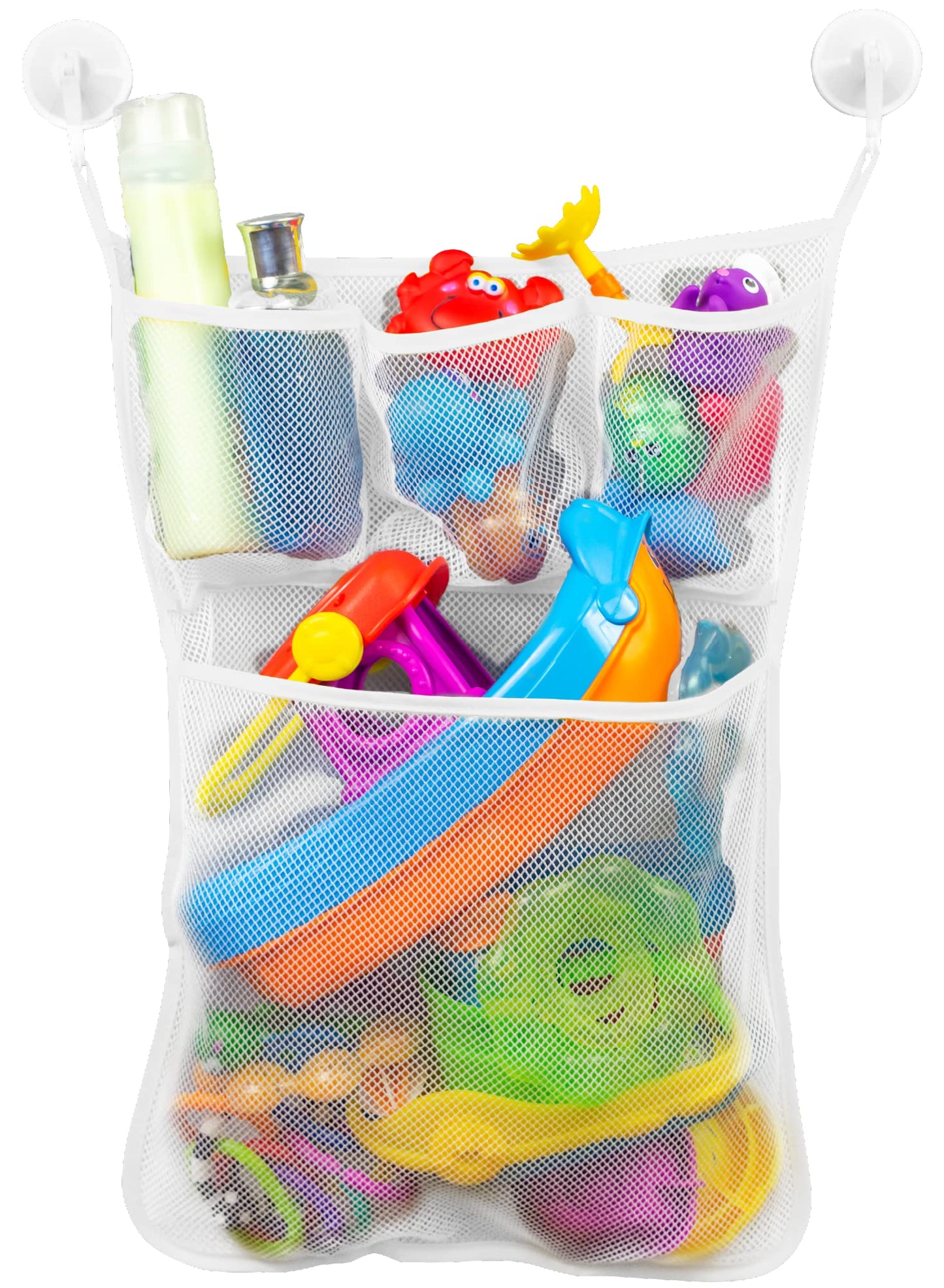 S&T INC. Bath Toy Storage Net with Pockets for Tub, Shower Caddy Holds Baby and Kids Toys, Soap, or Shampoo, Hooks Included, 14 Inch by 20 Inch, White, 1 Pack
