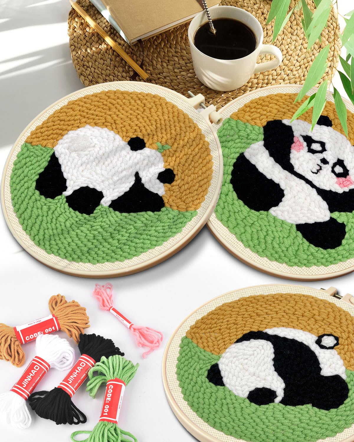 3 Sets Punch Needle Kits, Panda Punch Embroidery Kits for Adults Beginner, Tool with Punch Needle Fabric, Hoops, Yarns and Sewing Needles