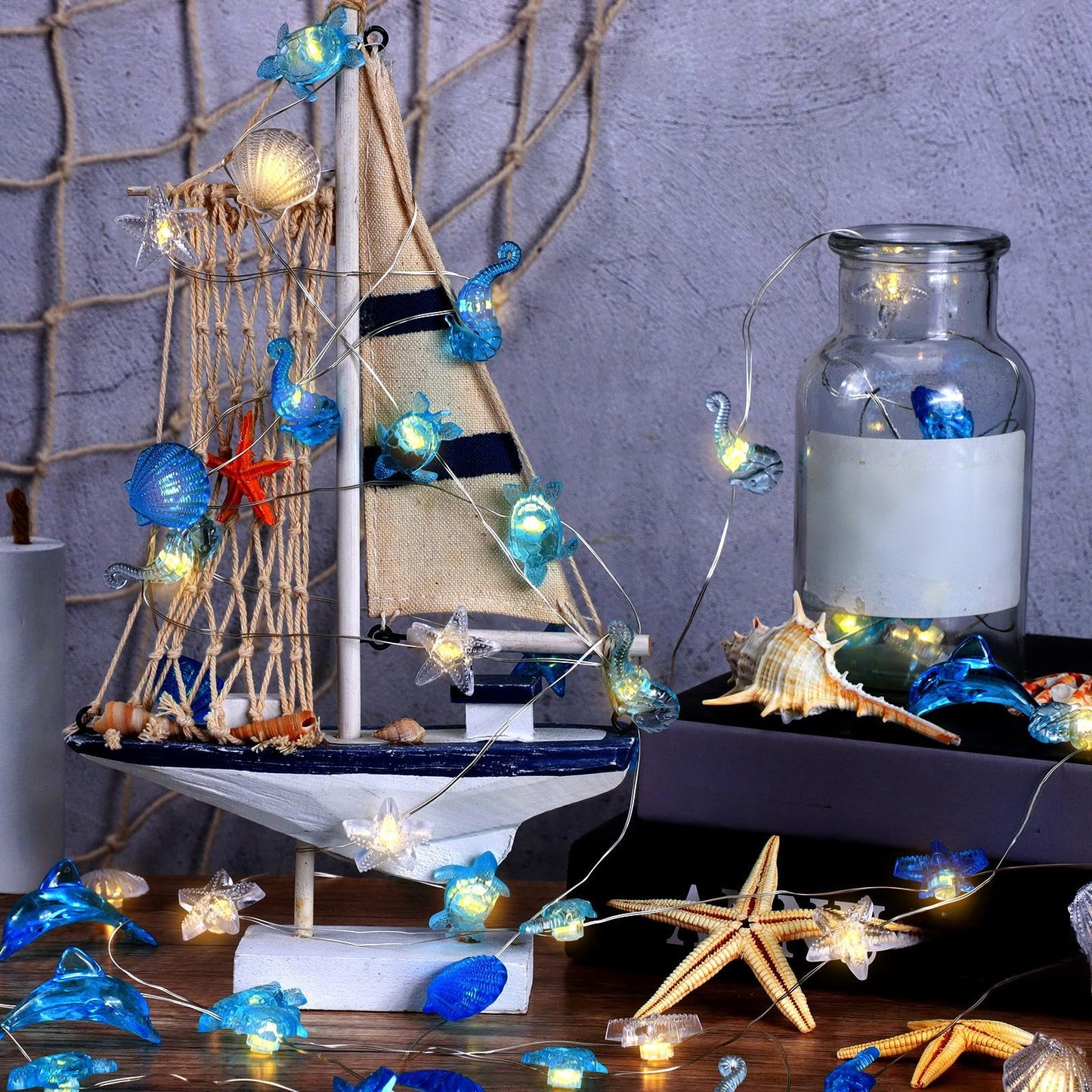 Zhanmai 2 Pcs Ocean Decor String Lights for Bedroom Nautical Theme Seashell Seahorse Conch 10ft 30 LED Battery Operated String Lights for Xmas Tree Ornaments Birthday Holiday Party Decor