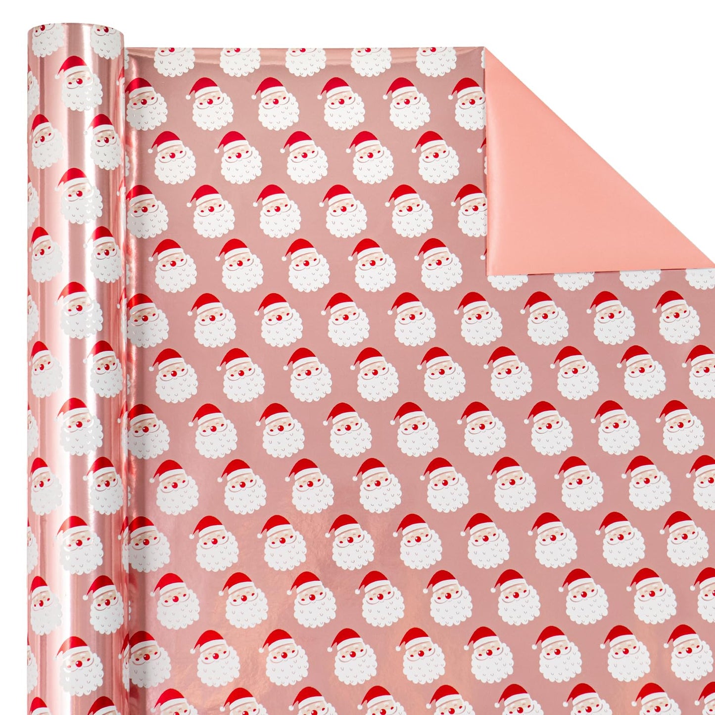 Reversible Christmas Wrapping Paper - Mini Roll - 17 Inch x 33 Feet - Santa Claus Wrapping Paper and Solid Rose Gold Design with Metallic Foil Shine for Chrsitmas, Holiday, Party
