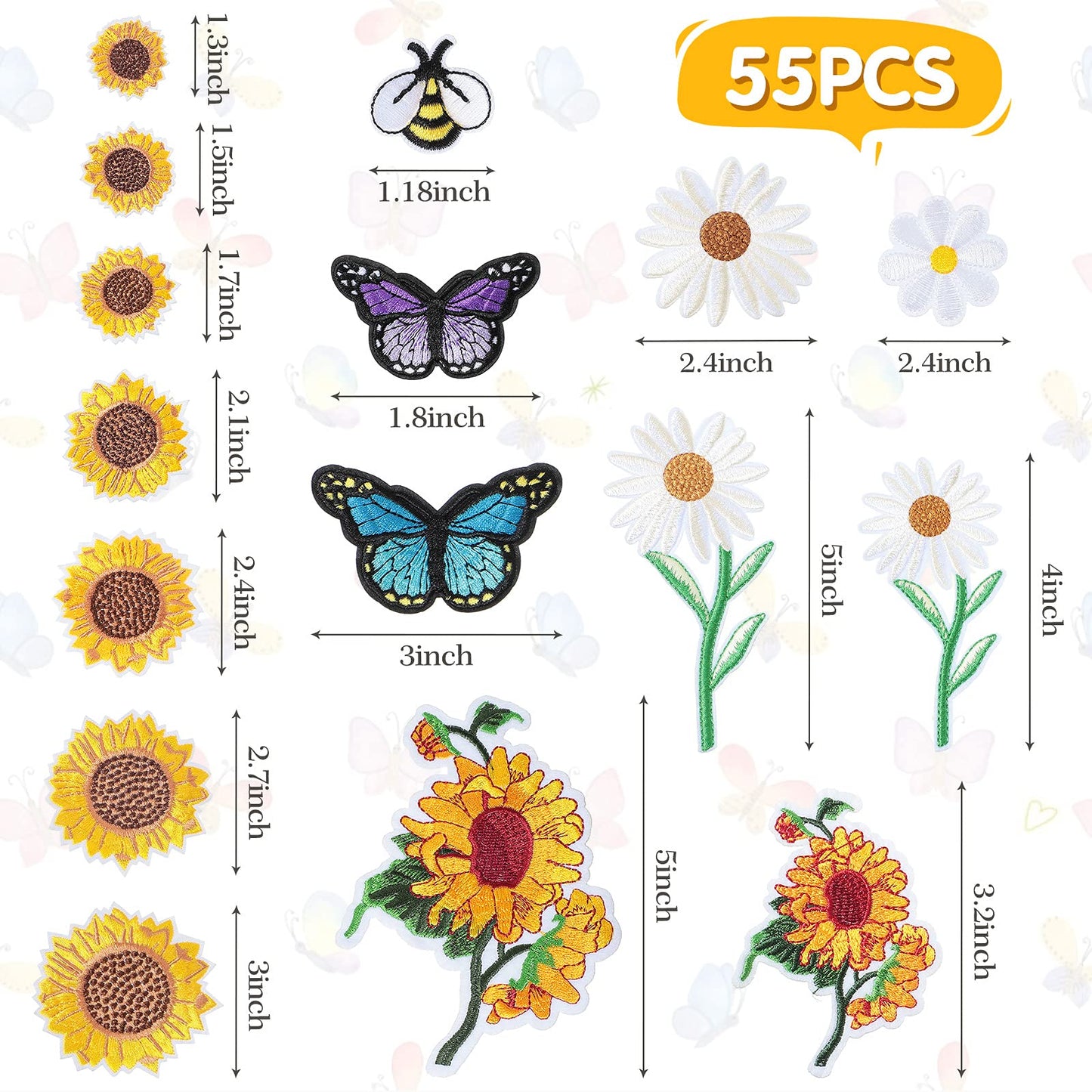 55 Pieces Embroidered Flowers Iron on Patches Butterfly Sew on Patch Sunflowers Appliques Patches Bee Embroidered Patches Decoration DIY Craft Patches for Clothes Jackets Jeans Dress Pants Decor