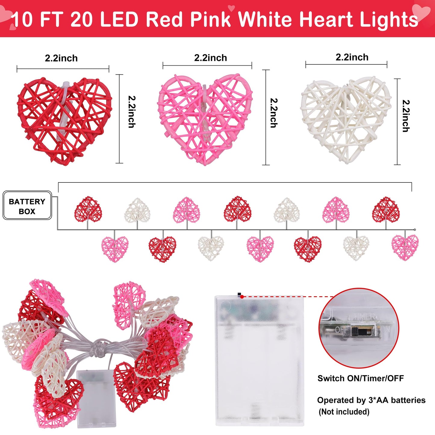 Valentines Day Decorations Red Pink White Heart Lights 10FT 20LED 3D Hollowed Rattan Big Heart String Light Battery Operated, Valentines Day Lights Romantic Valentines Decoration Bedroom Party