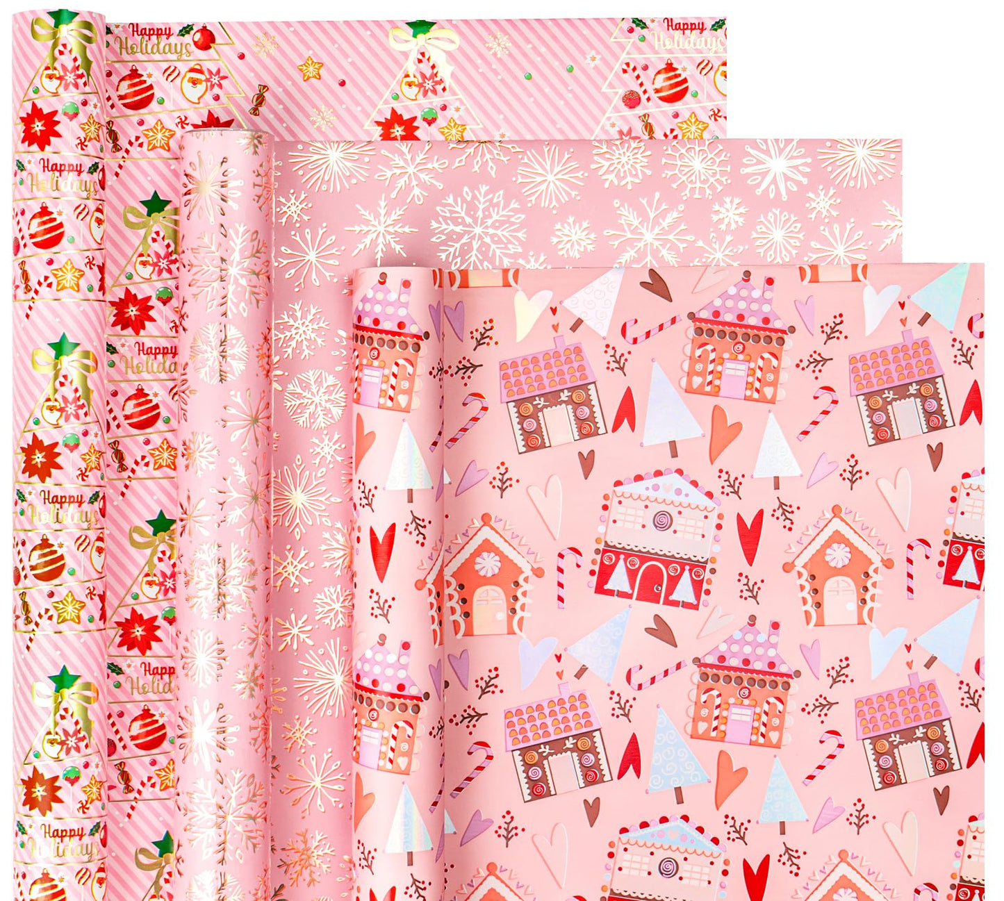 Christmas Wrapping Paper Roll - Mini Roll - 3 Rolls - 17 Inch X 120 Inch Per Roll - Pink Christmas tree, House, Snowflake Holiday Collection
