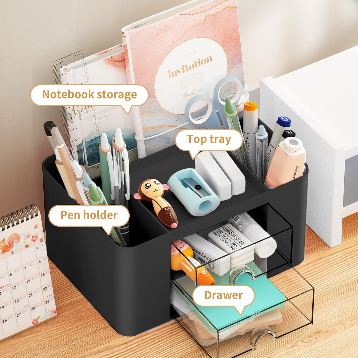 Marbrasse Pen Organizer with 2 Drawer, Multi-Functional Pencil Holder for Desk, Desk Organizers and Accessories with 5 Compartments + Drawer for Office Art Supplies (Black)