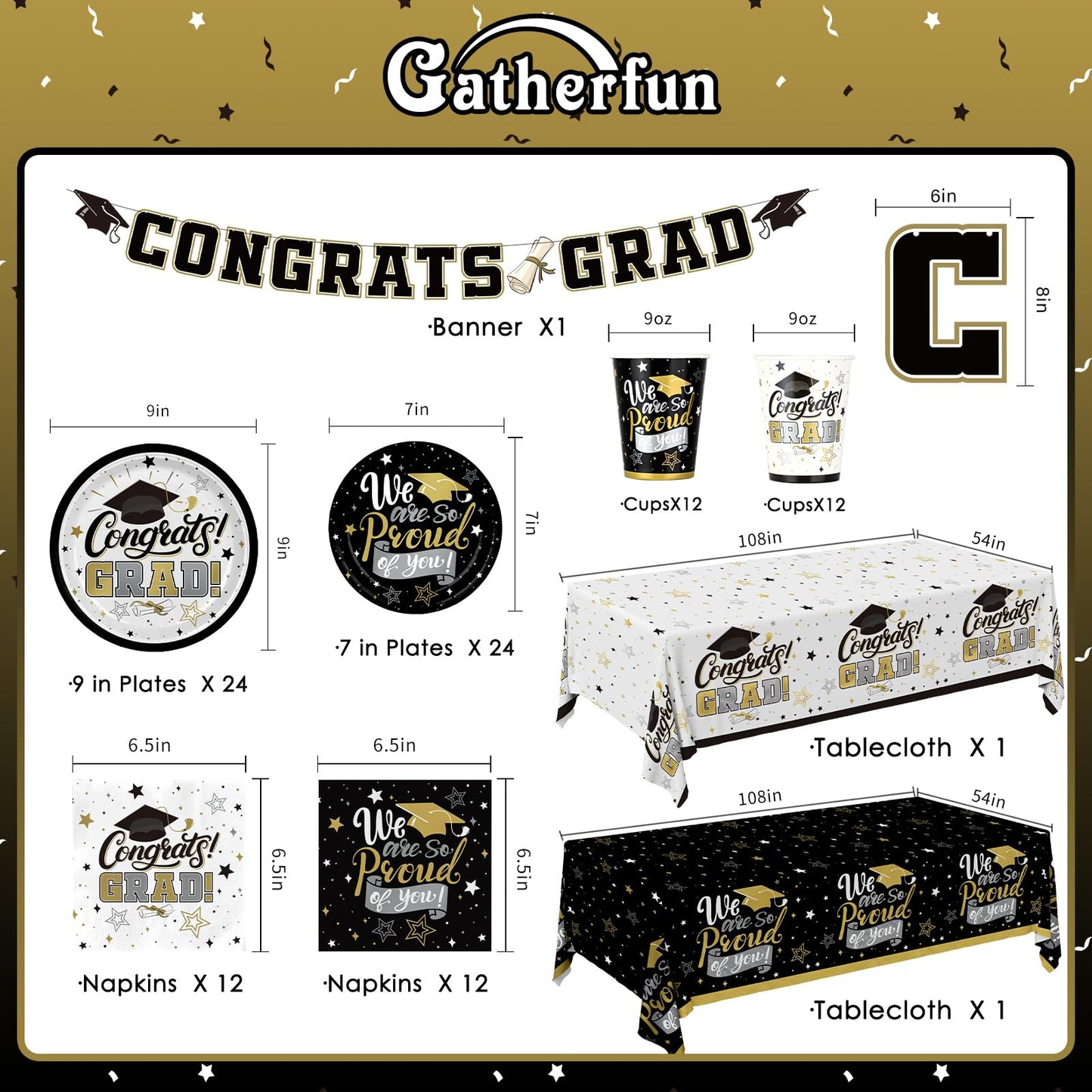 Graduation Decorations 2025 Black and Gold Grad Party Supplies with Disposable Plates, Napkins, Tablecloth, Cups and Congrats Grad Banner for 24 Guests - Graduation Party Decorations