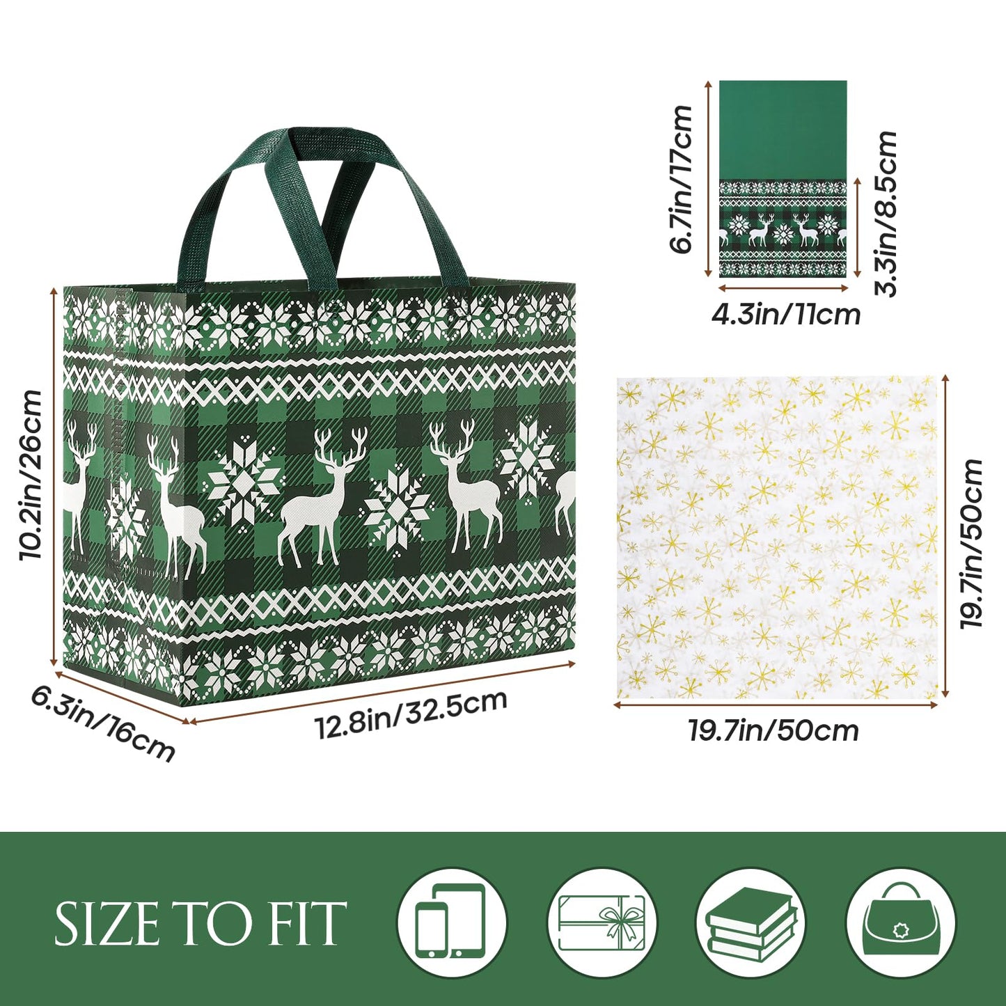 2 Pack 13" Large Christmas Gift Bags with Tissue Paper, Reusable Christmas Tote Bags with Handles, Non-Woven Holiday Gift Bags for Xmas Gift Wrap/Party Favor Supplies, 12.8"*10.2"*6.3"