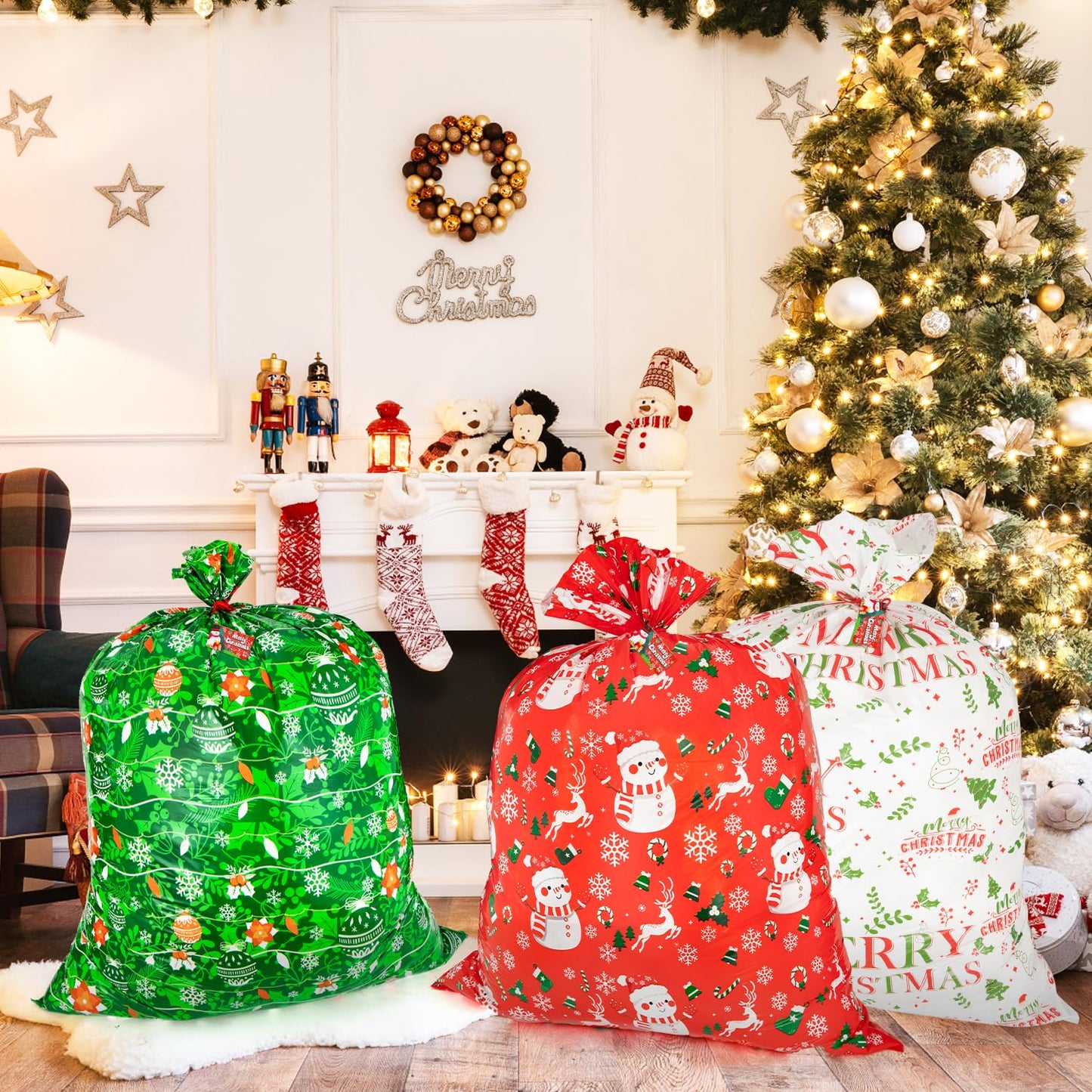 3pcs Large Christmas Gift Bags 36"x36" Holiday Gift Wrap Jumbo Christmas Bags for Gifts Giant Sacks for Presents Big Xmas Plastic Gift Bags