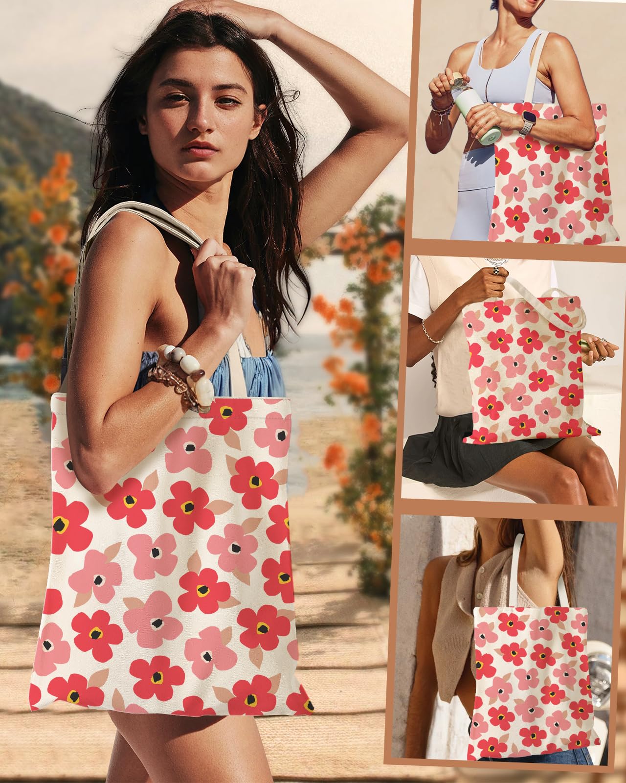 Miss Adola Aesthetic Canvas Tote Bag with Inner Pocket for Women, Cloth Cotton Totes Bag with Pattern for Shopping, Gym, PK Flower