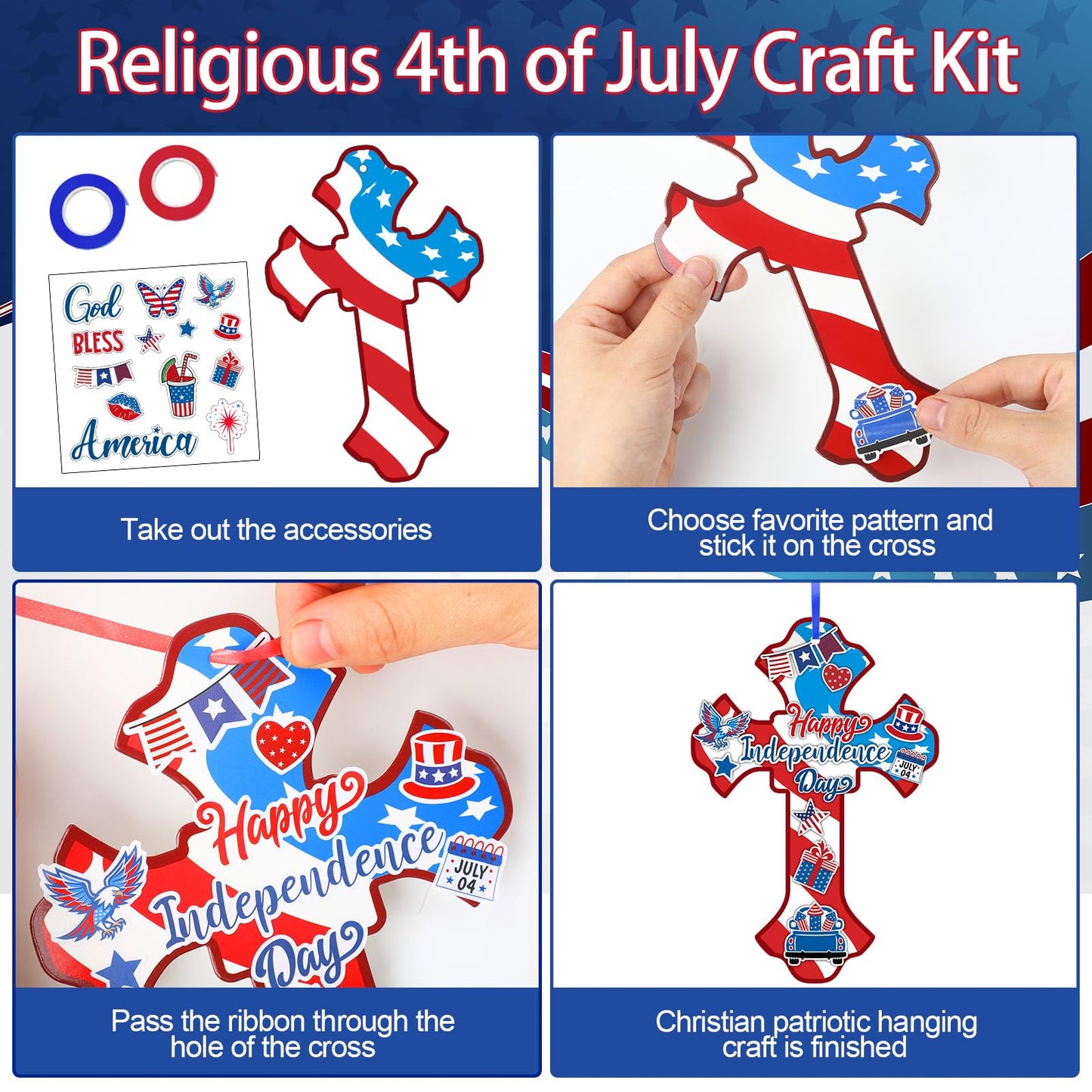 Watersay 48 Set Religious 4th of July Cross Craft Kit DIY Christian Patriotic Craft Sticker Make Your Own Ornament for Sunday School VBS Class Project Home Party Activity (Independence Day, Blue)