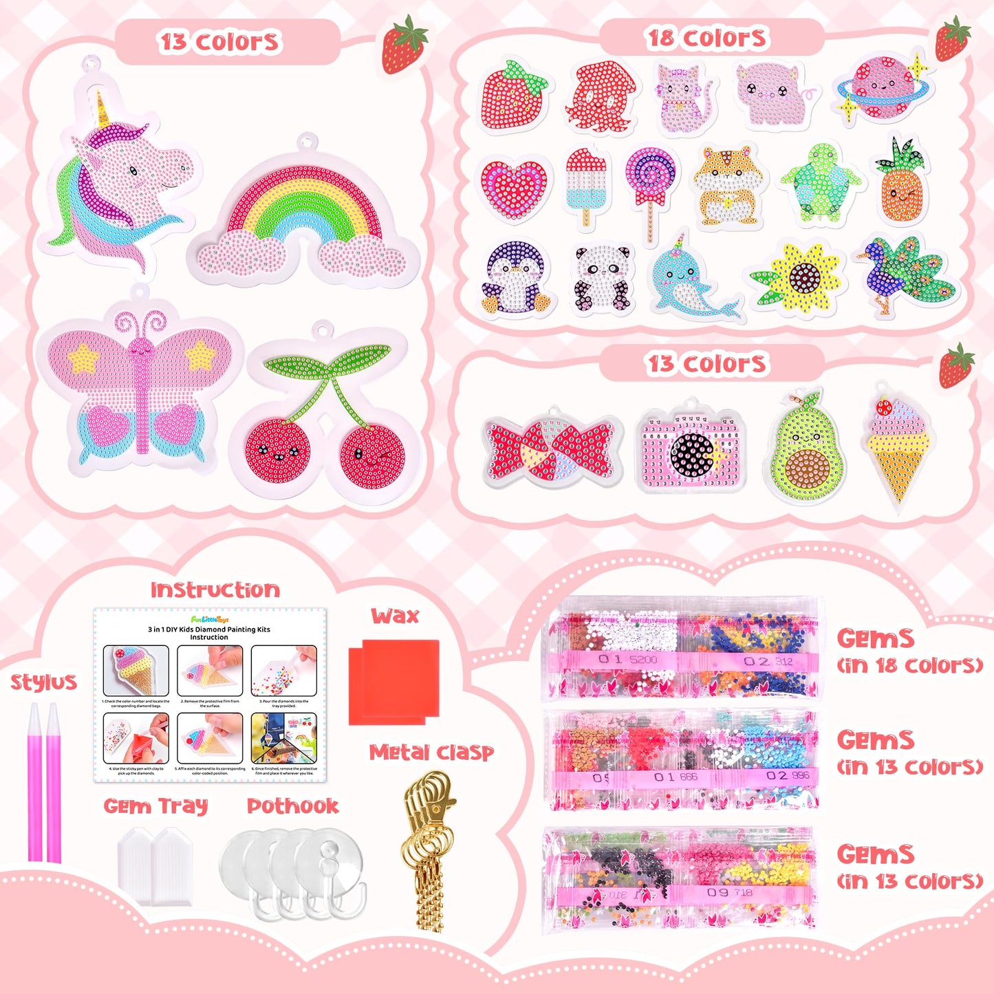 FUN LITTLE TOYS 24Pcs Diamond Art Kits for Kids, Diamond Painting Kits, Arts and Crafts for Kids Ages 6-8-12, Gem Art As Gifts Ideas for Girls Boys, Small Diamond Painting Stickers, Kids Craft Age 6+