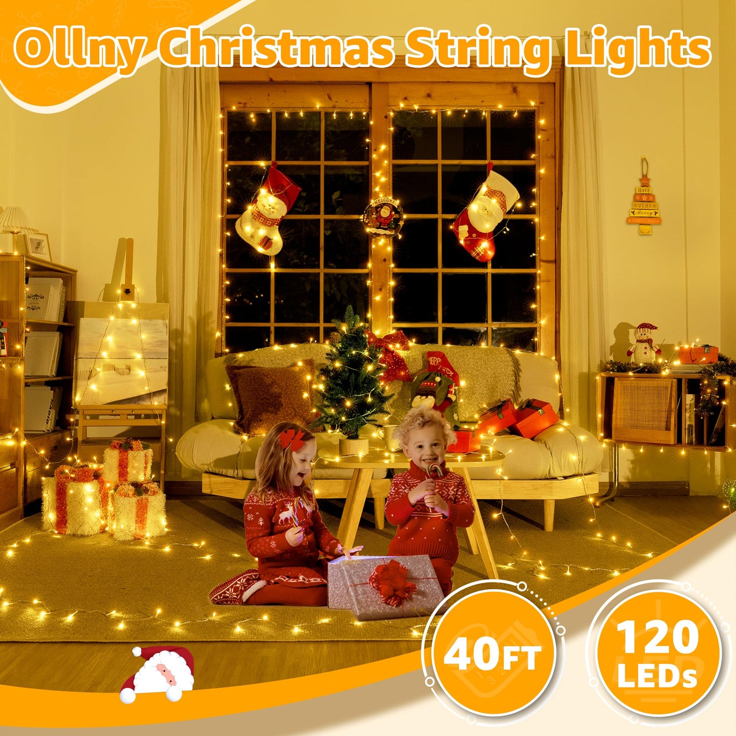 Ollny Christmas Lights 120LED 40FT, Warm White Fairy Lights Waterproof Connectable Timer, 8 Modes Plug in String Lights for Bedroom Outdoor Tree Indoor House Decorations
