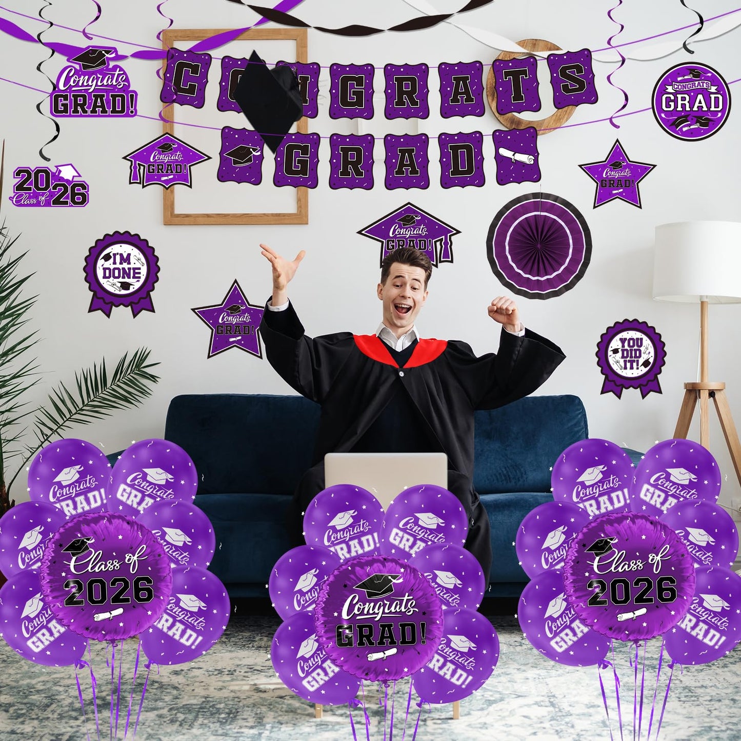Purple Themed 2026 Graduation Decorations Set - Congrats Grad Banner, Class of 2026 Backdrop, Balloons & Streamers Kit - Complete Party Supplies for High School & College Celebrations