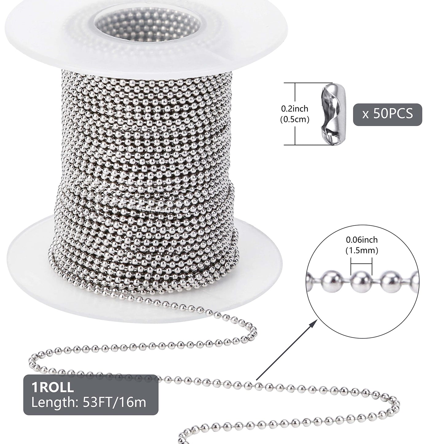 PP OPOUNT 53 Feet Ball Bead Chain, 1.5 mm Adjustable Pull Chain Beaded with 50 PCS Matching Connectors, Stainless Steel Bead Chain for Jewelry Making Necklace Keychain Dog Tag Chain