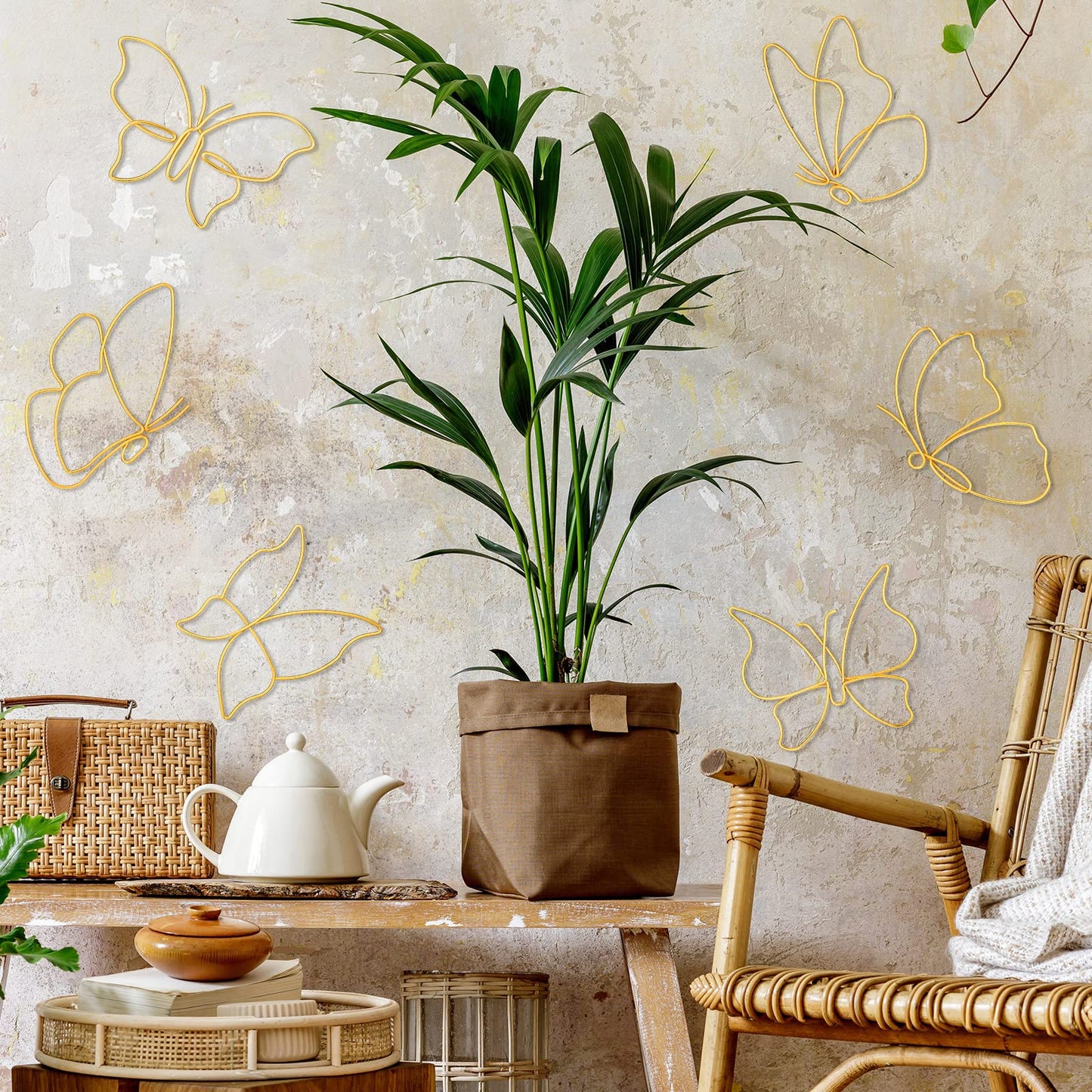 Hotop 6 Pieces Metal Butterfly Wall Decor Metal Wall Art Heart Hanging Decorations Wire Flowers Decor Wall Decals for Kitchen Bathroom Indoor Outdoor Wedding Birthday Party (Gold,Butterfly)