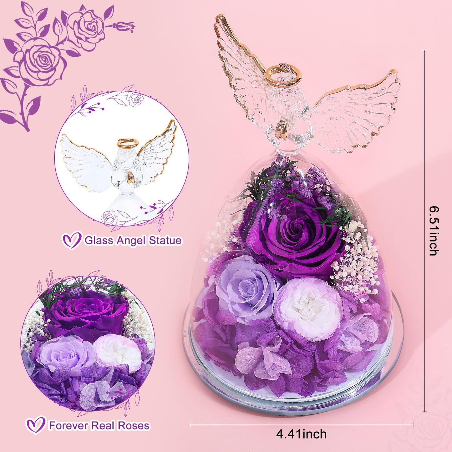 Gifts for Mom Women Birthday Preserved Rose in Glass Angel Figurine Forever Fresh Flower for Delivery, Mothers Day Flowers Gifts for Grandma Wife Daughter Friends